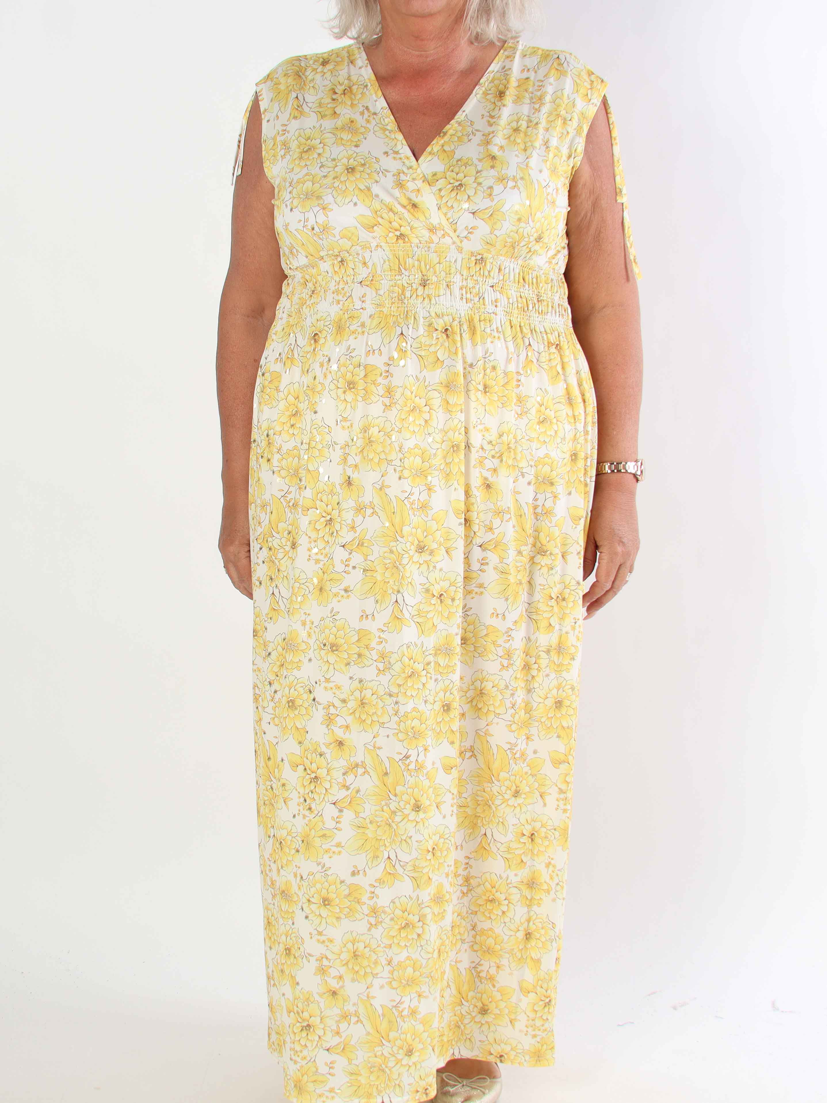 Pams Blossom Sleeveless - Lang plus size elastisk kjole i blomsterprint