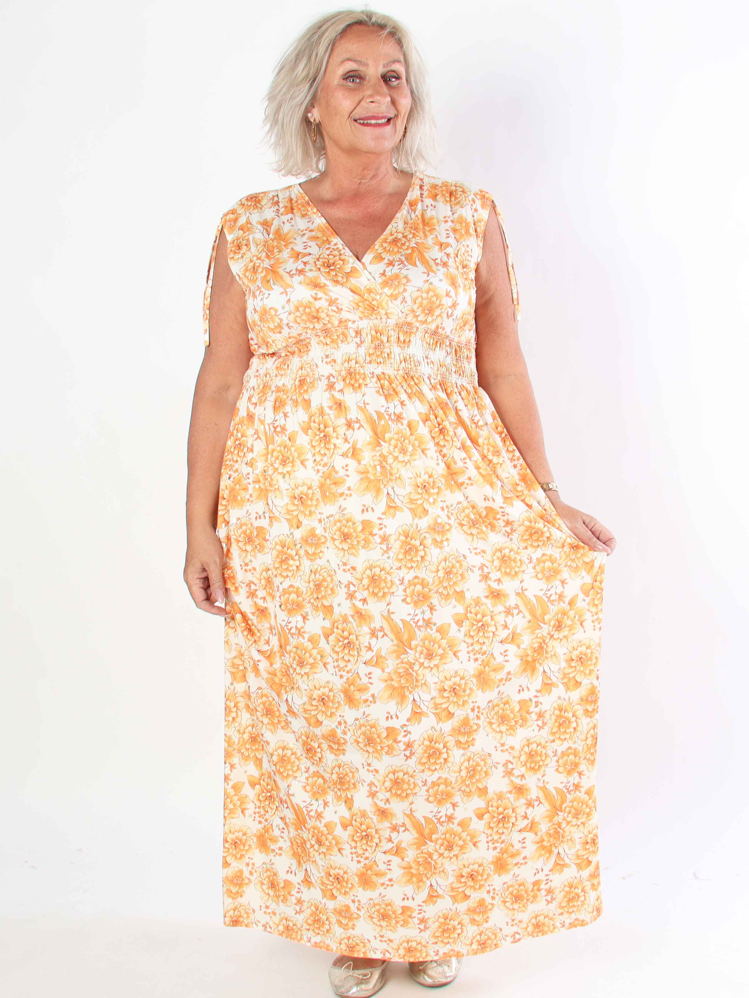 Pams Blossom Sleeveless - Lang plus size elastisk kjole i blomsterprint