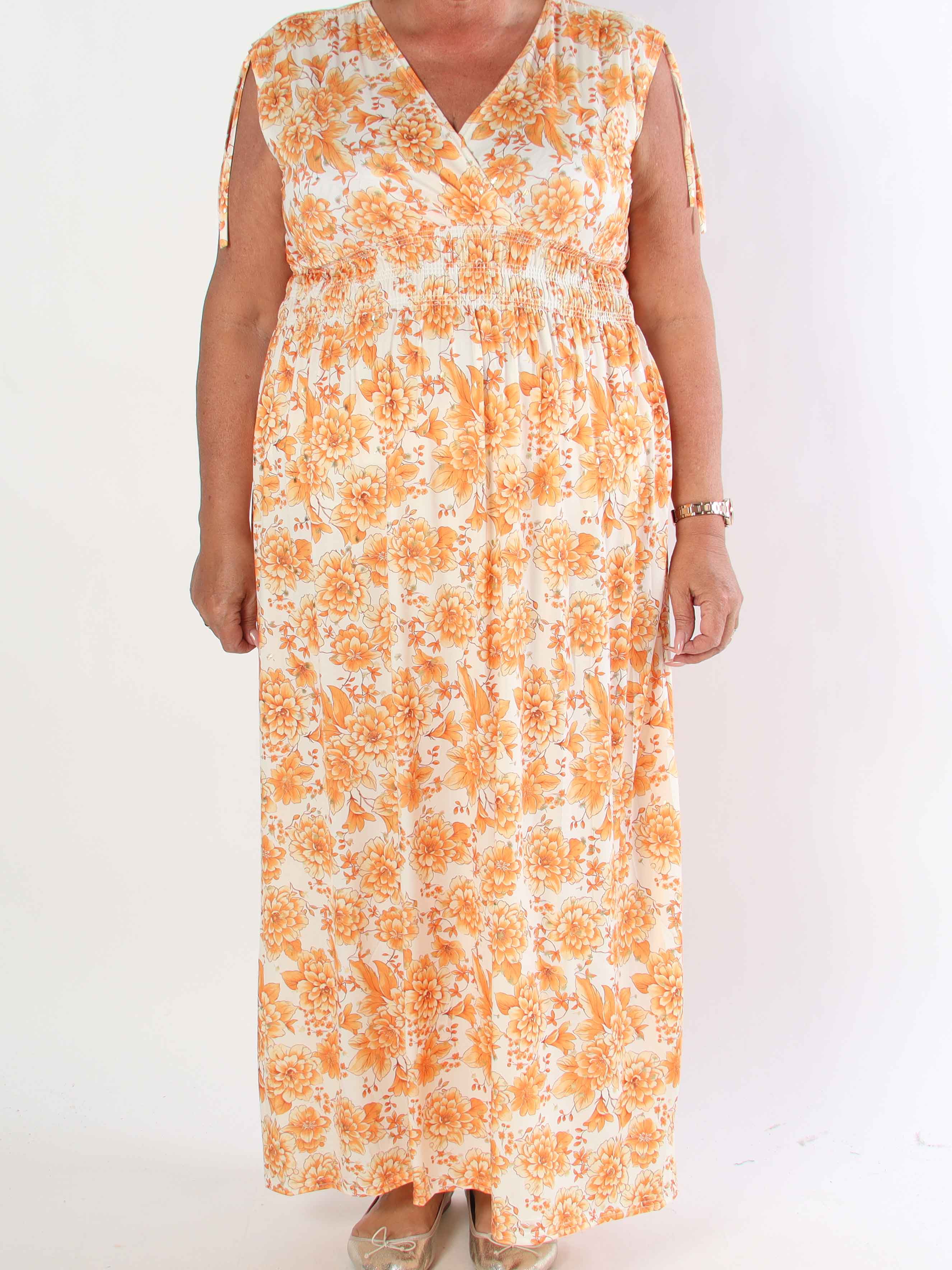 Pams Blossom Sleeveless - Lang plus size elastisk kjole i blomsterprint