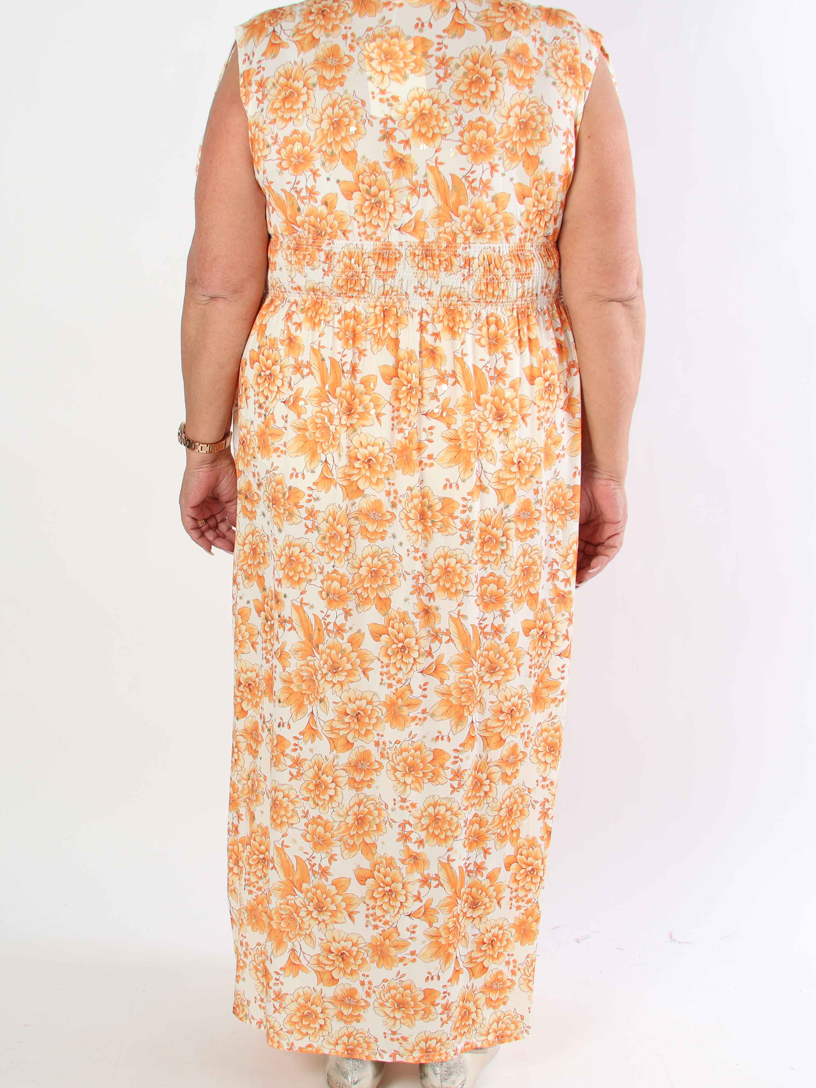 Pams Blossom Sleeveless - Lang plus size elastisk kjole i blomsterprint