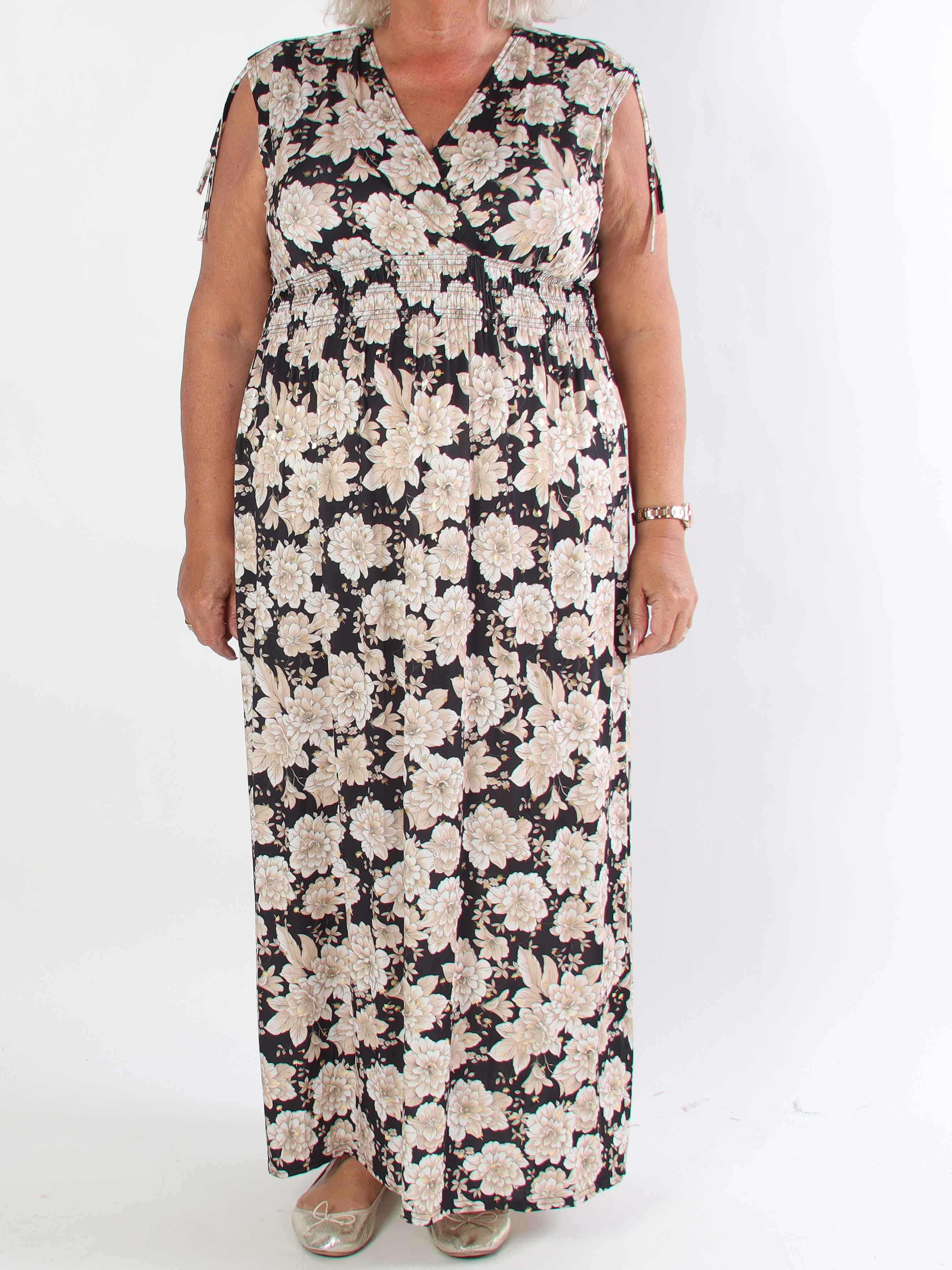 Pams Blossom Sleeveless - Lang plus size elastisk kjole i blomsterprint