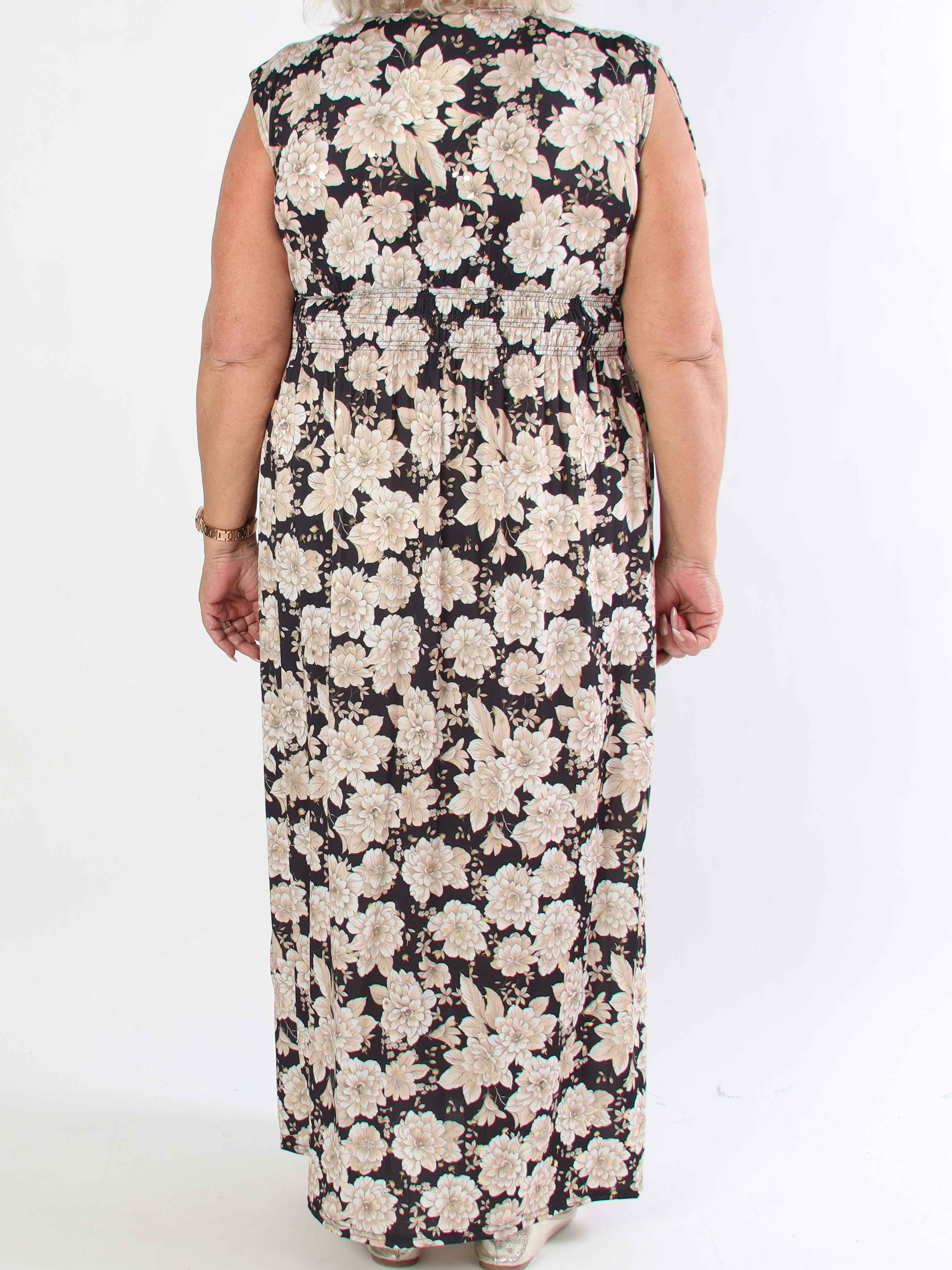 Pams Blossom Sleeveless - Lang plus size elastisk kjole i blomsterprint