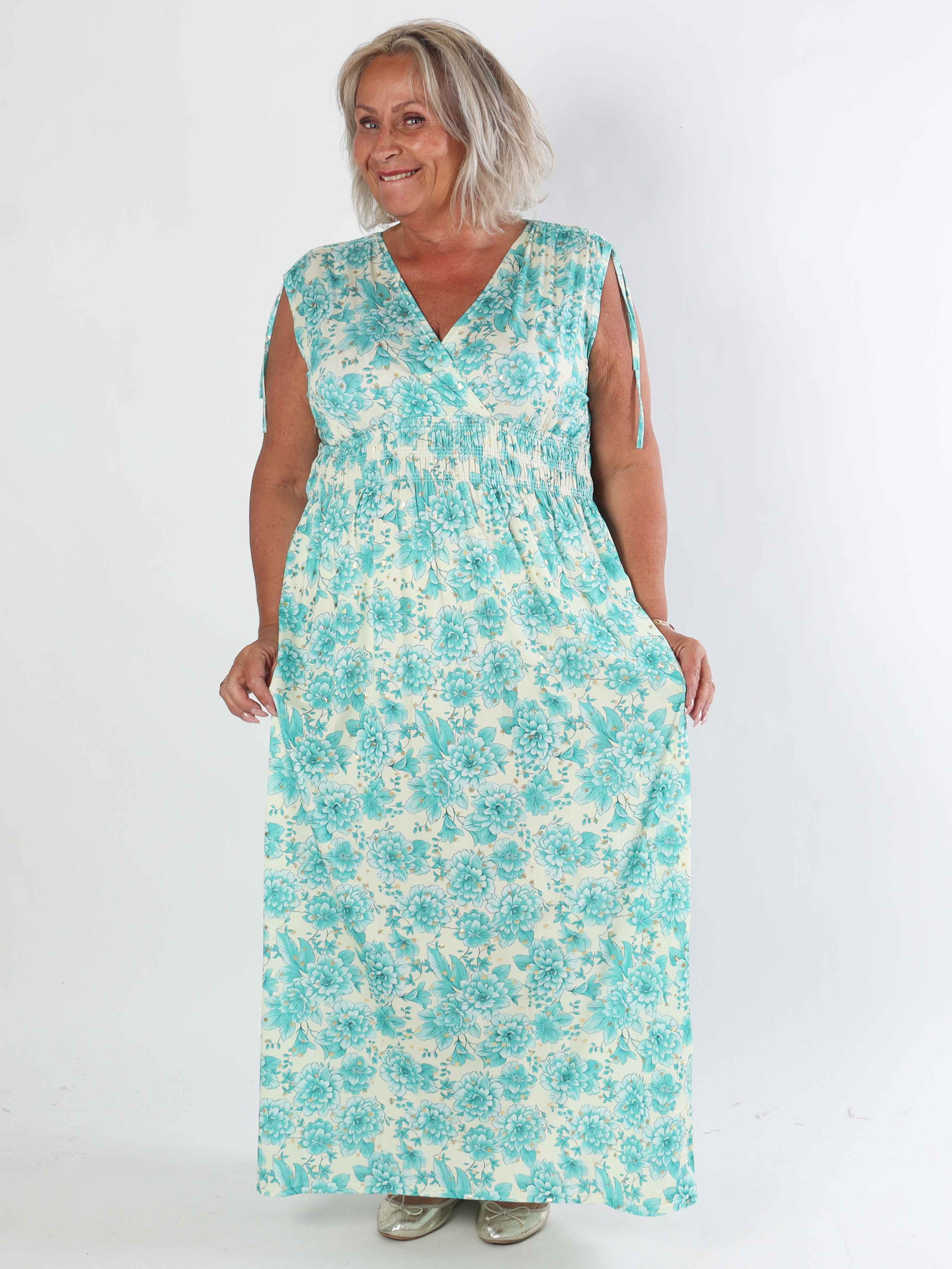 Pams Blossom Sleeveless - Lang plus size elastisk kjole i blomsterprint