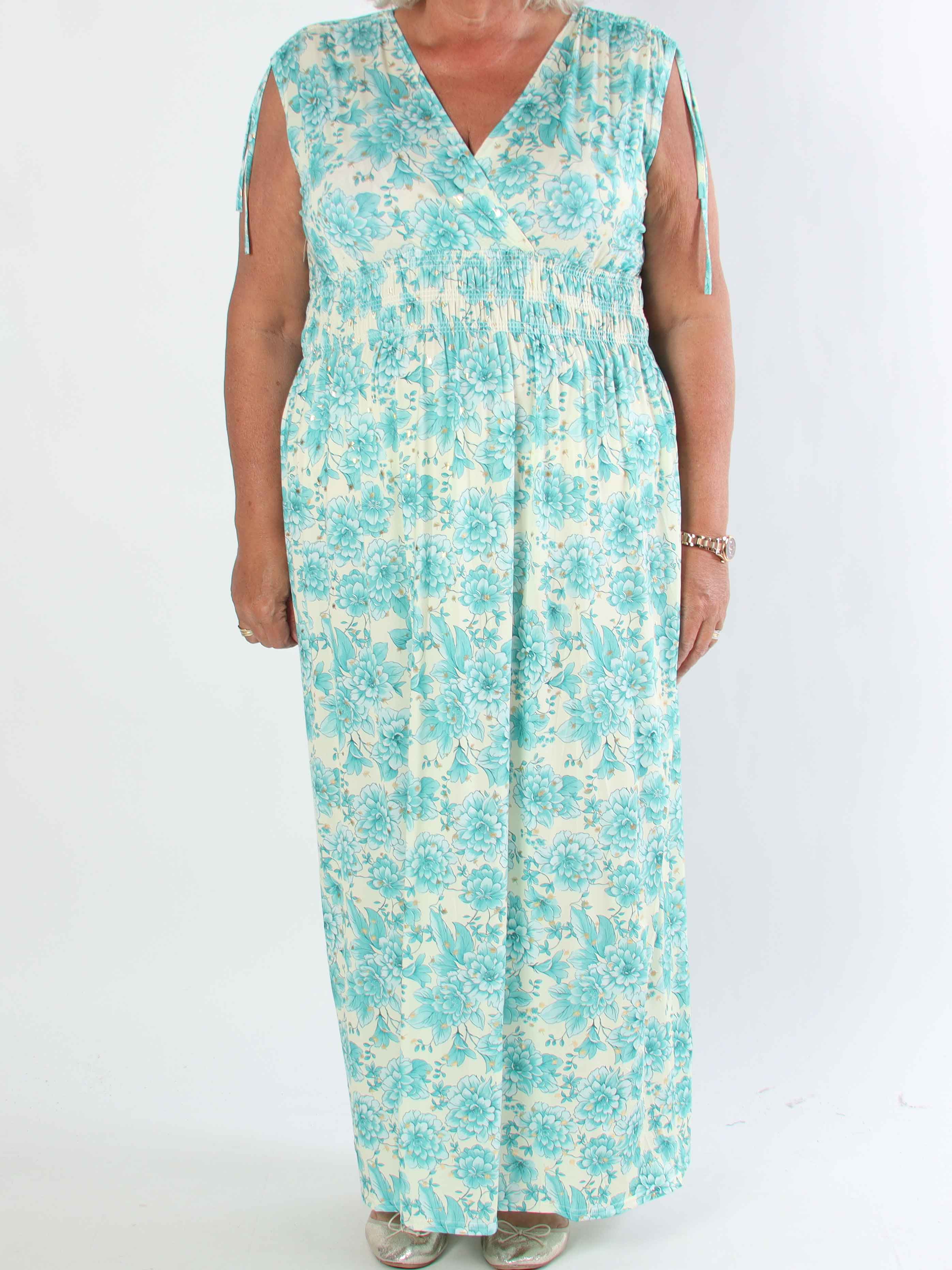 Pams Blossom Sleeveless - Lang plus size elastisk kjole i blomsterprint