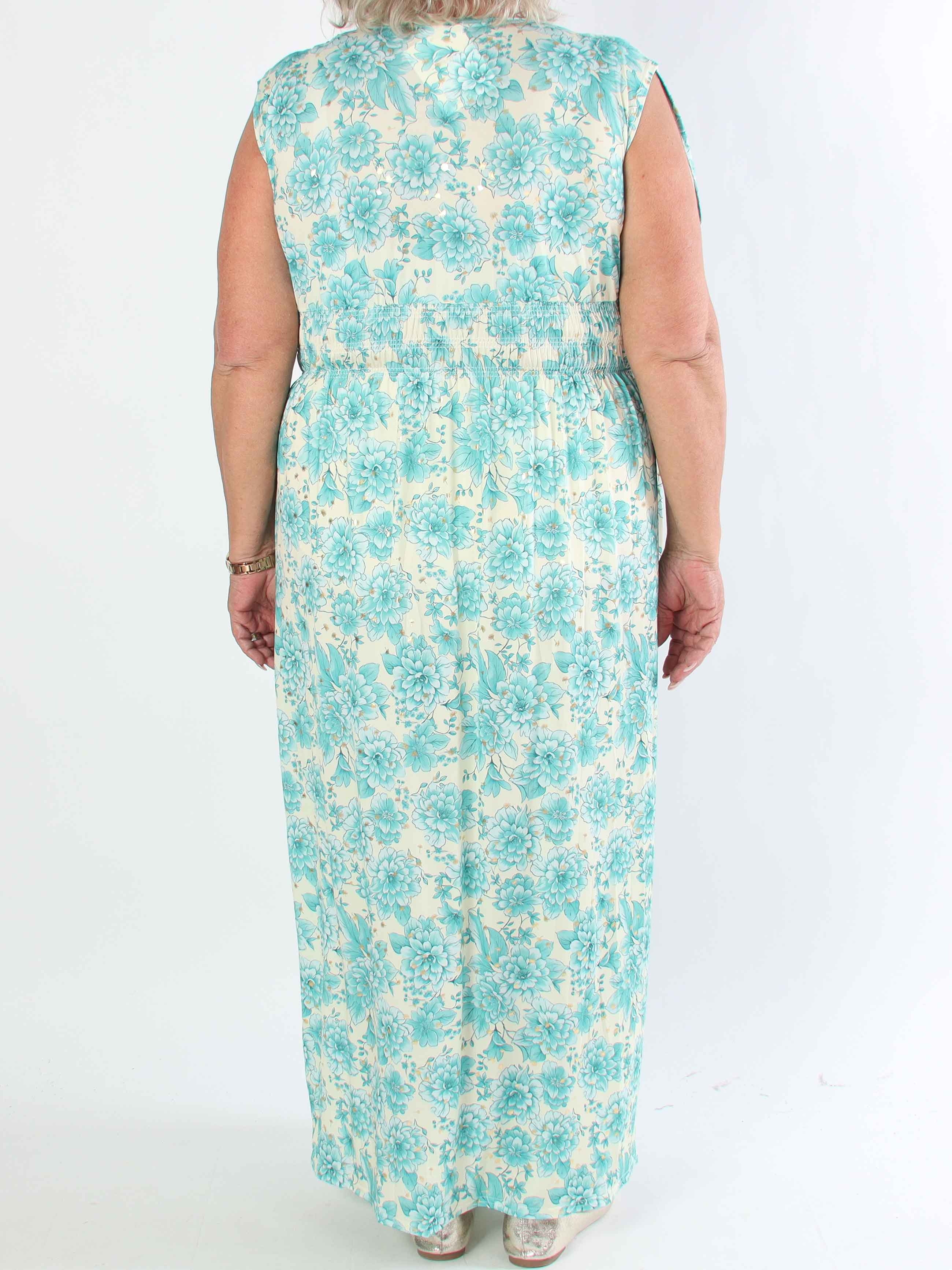 Pams Blossom Sleeveless - Lang plus size elastisk kjole i blomsterprint