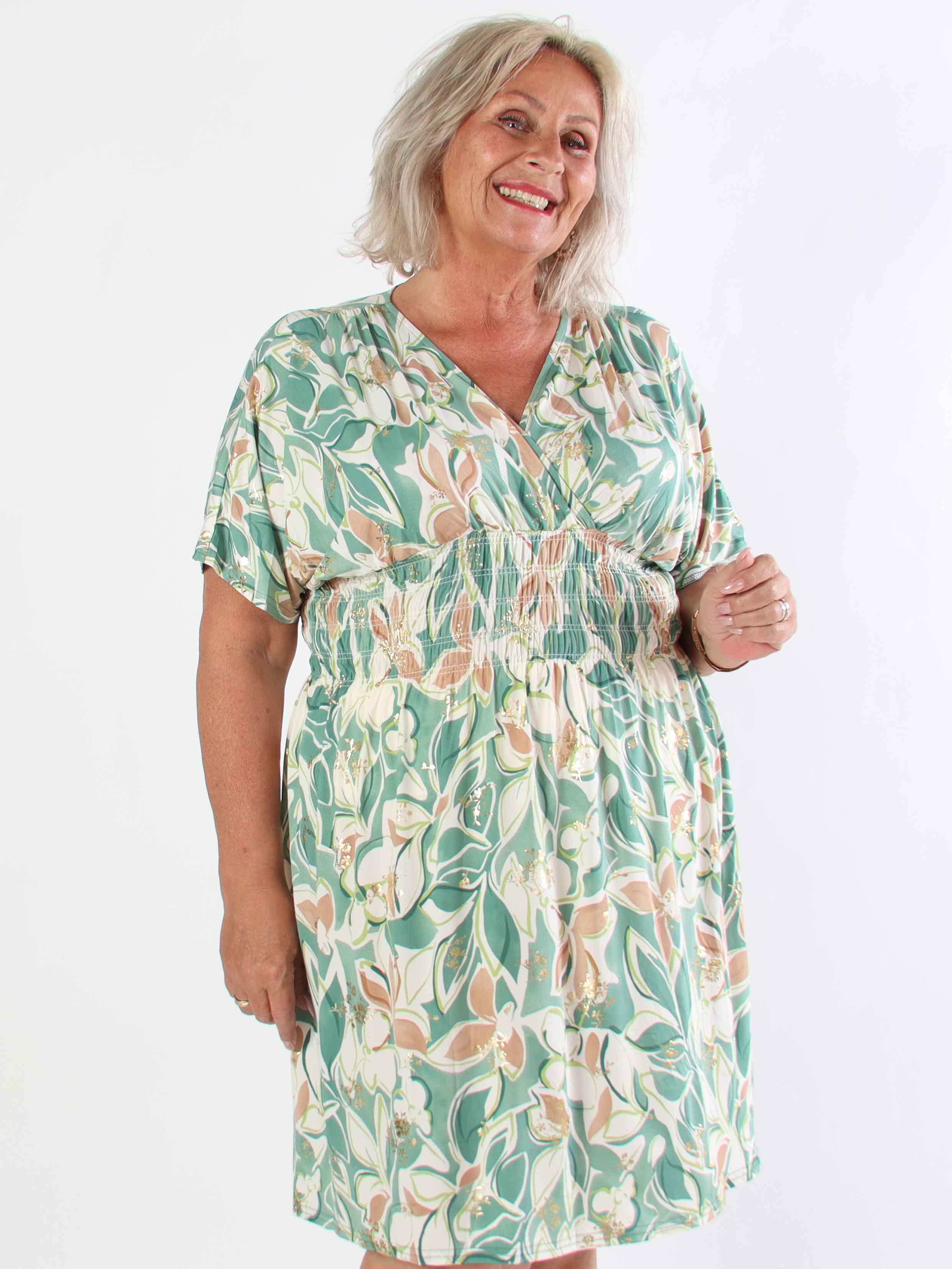 Pams Blossoming Short - Elastisk mønstret plus size kjole med smock