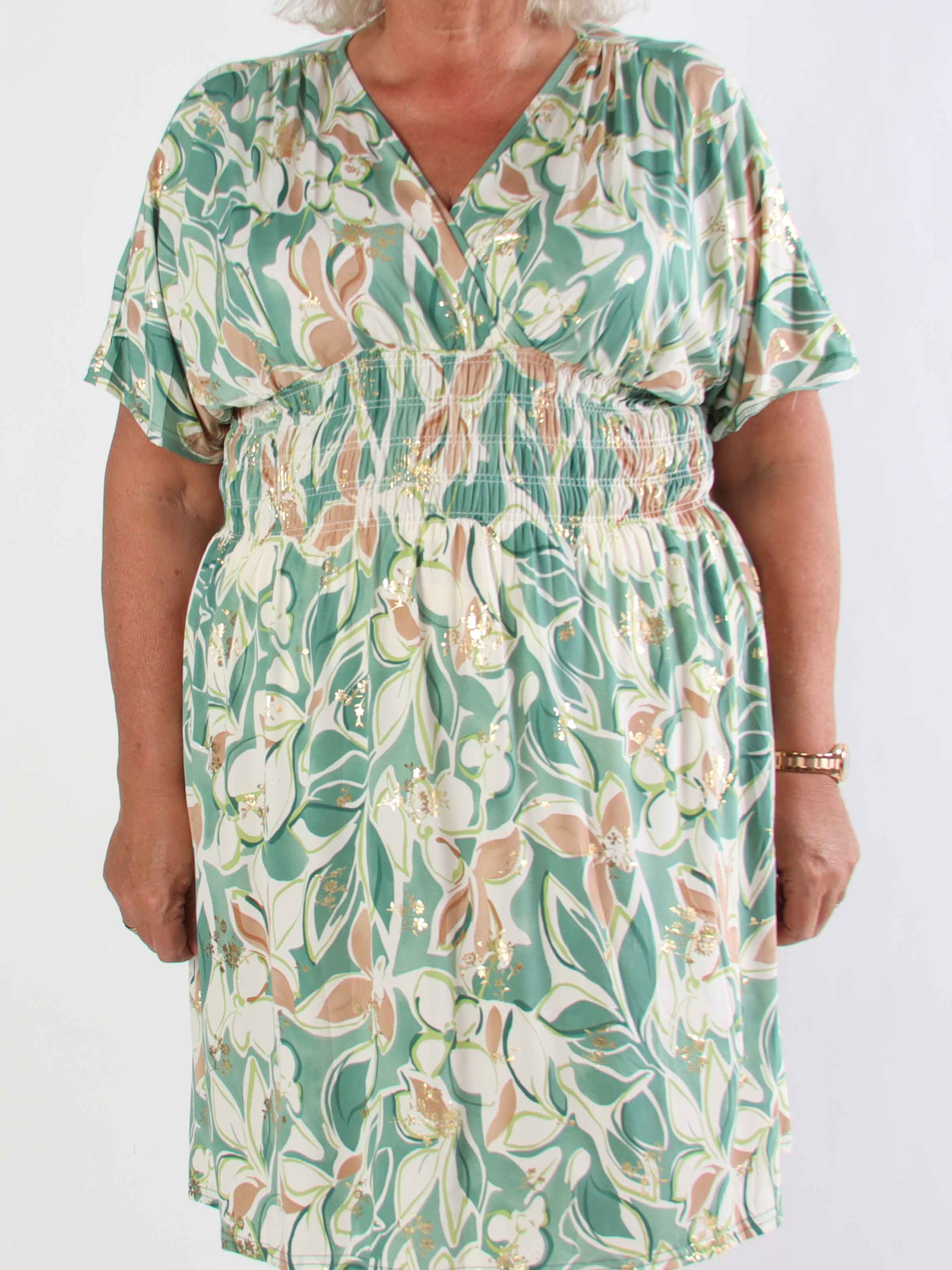 Pams Blossoming Short - Elastisk mønstret plus size kjole med smock