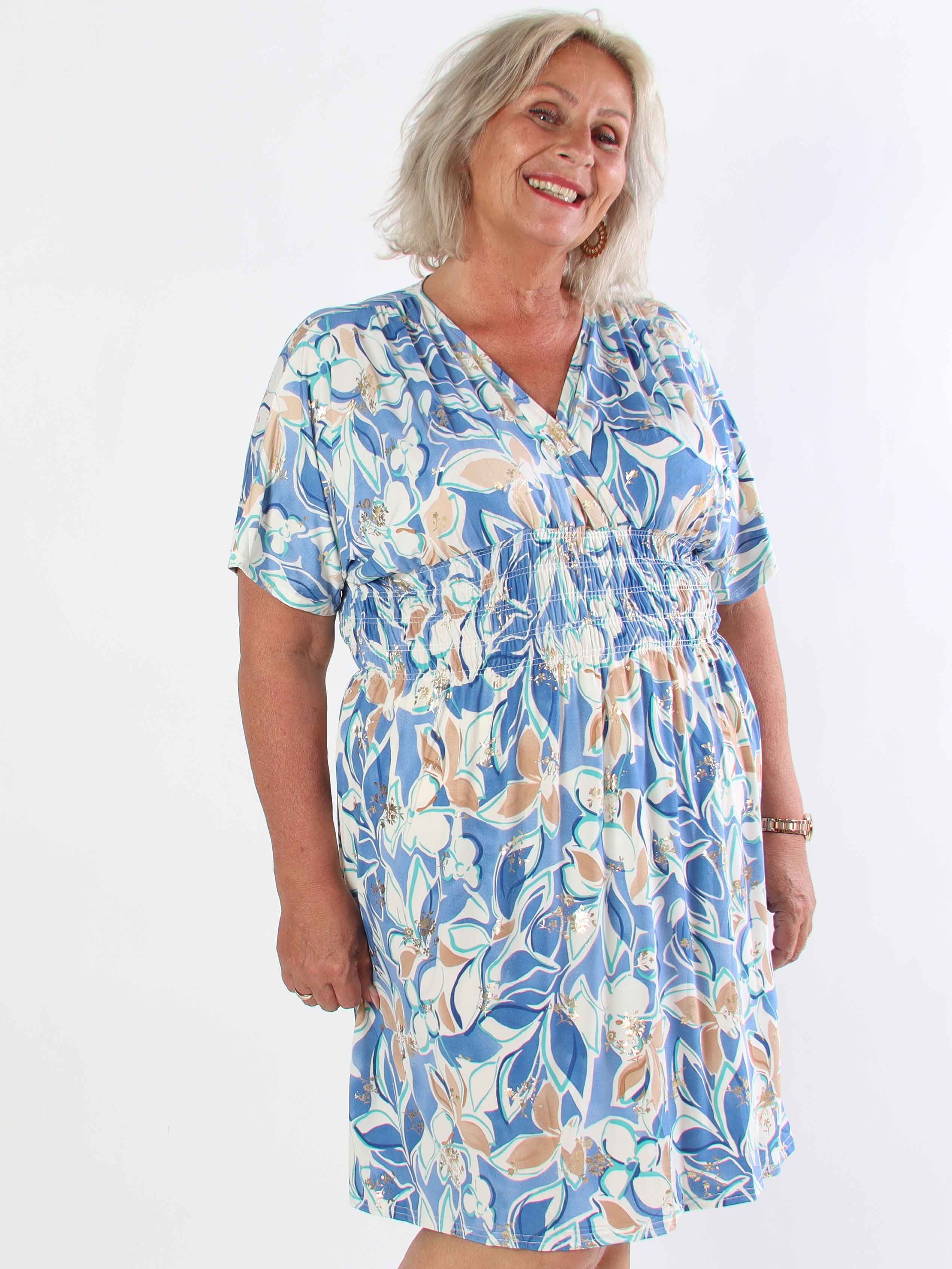 Pams Blossoming Short - Elastisk mønstret plus size kjole med smock