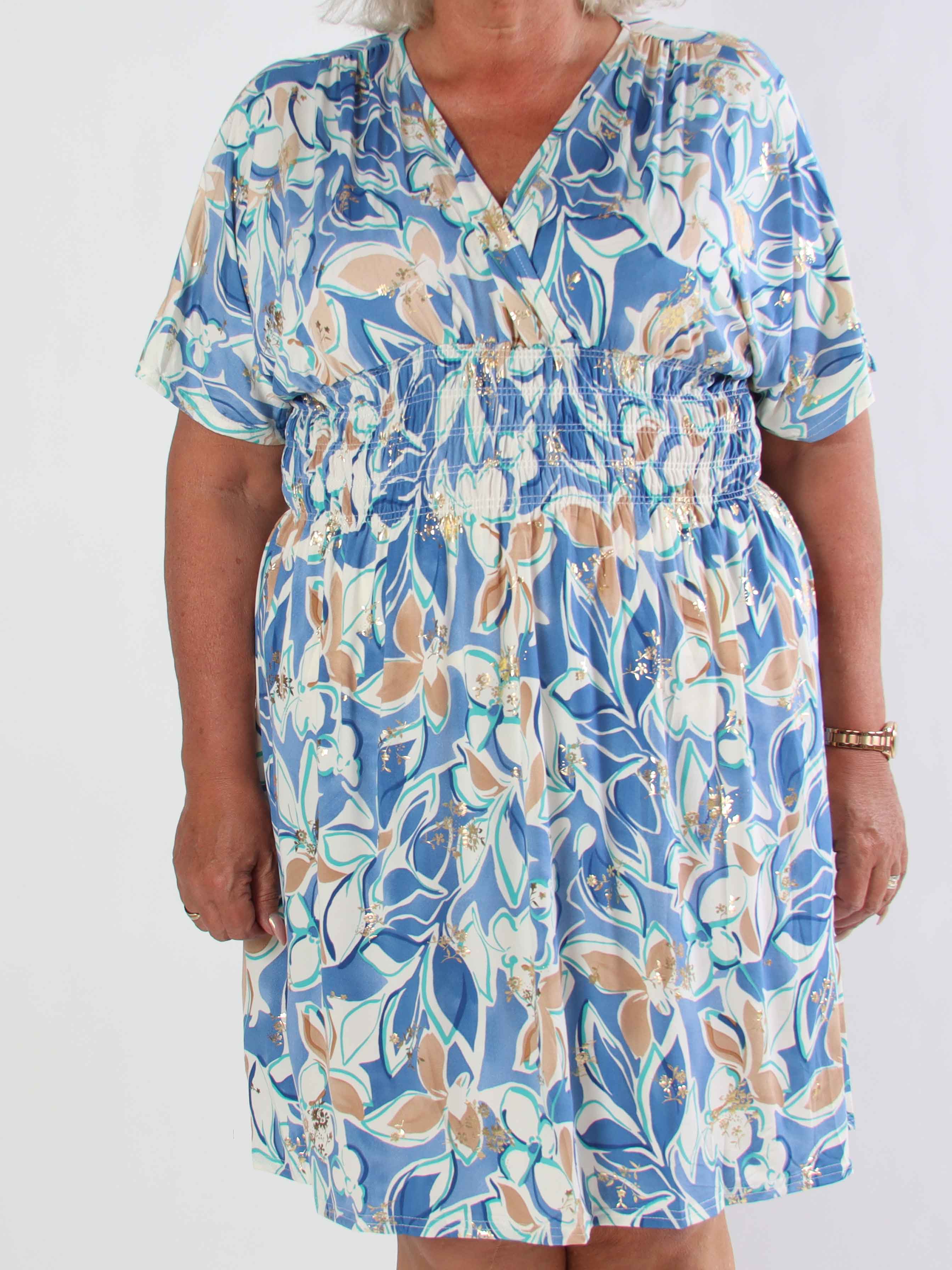 Pams Blossoming Short - Elastisk mønstret plus size kjole med smock