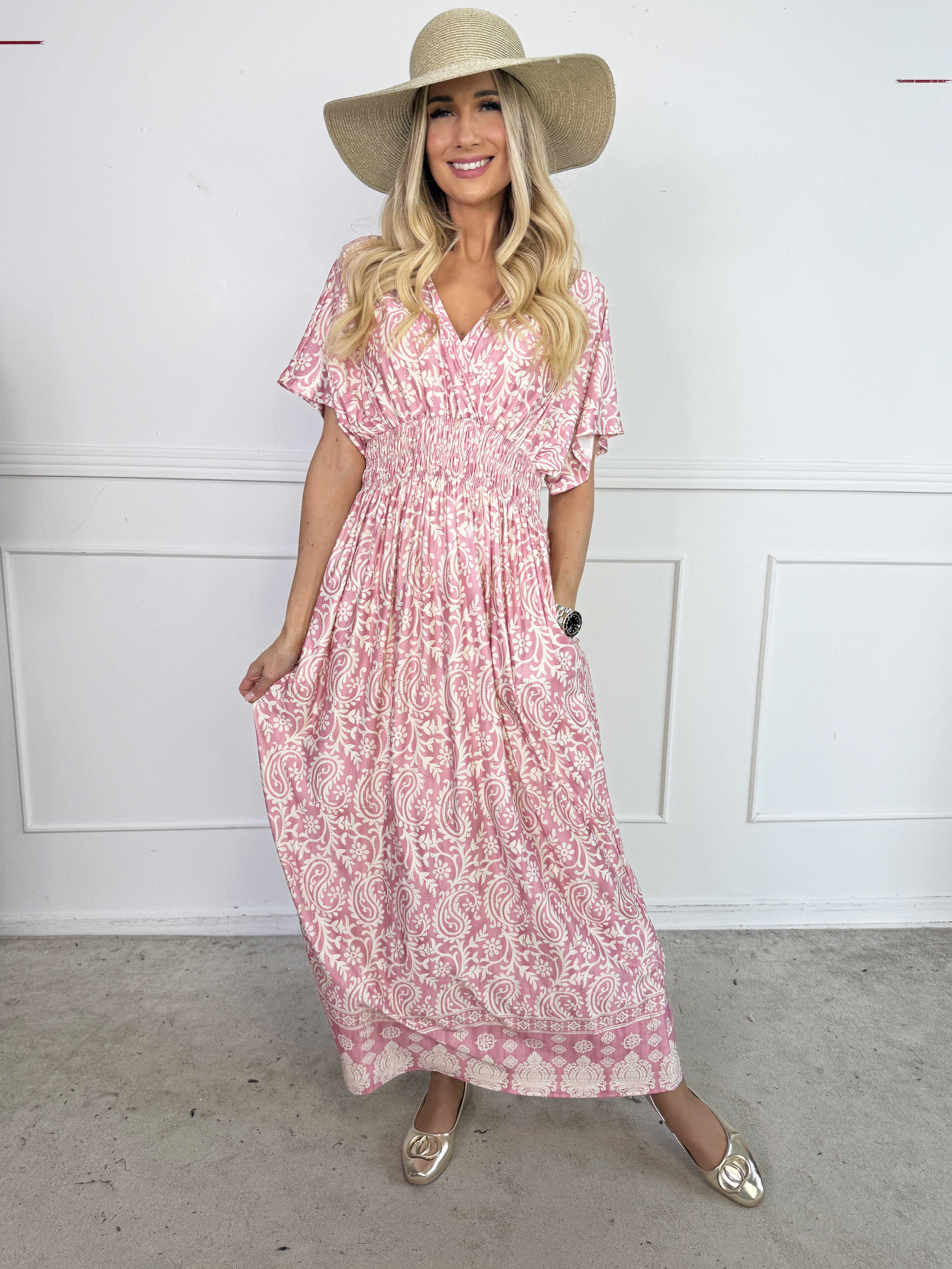 Pams Boteh - Lang elastisk mønstret kjole med lommer