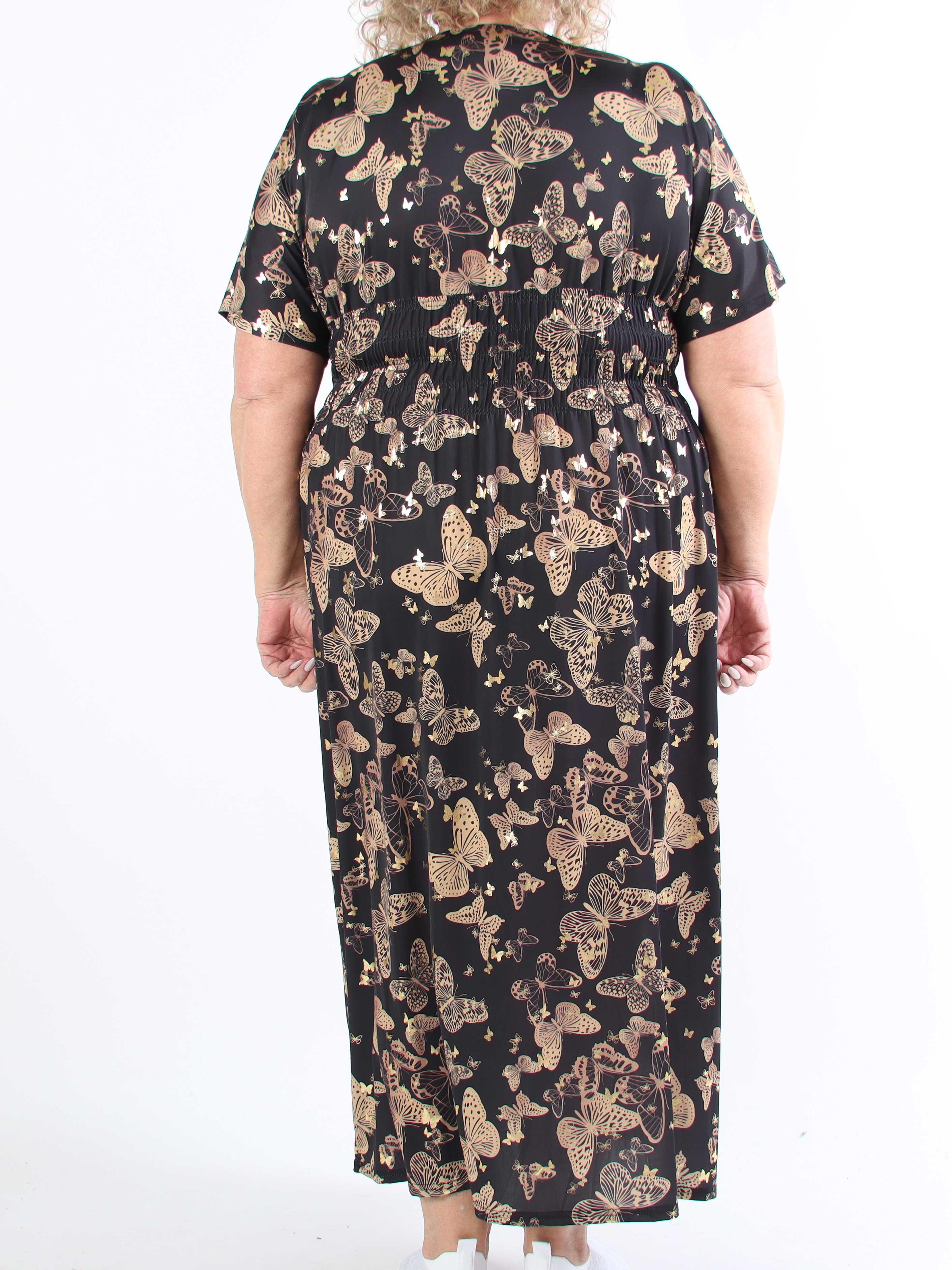 Pams Butterfly - Lang elastisk plus size kjole med smock i livet