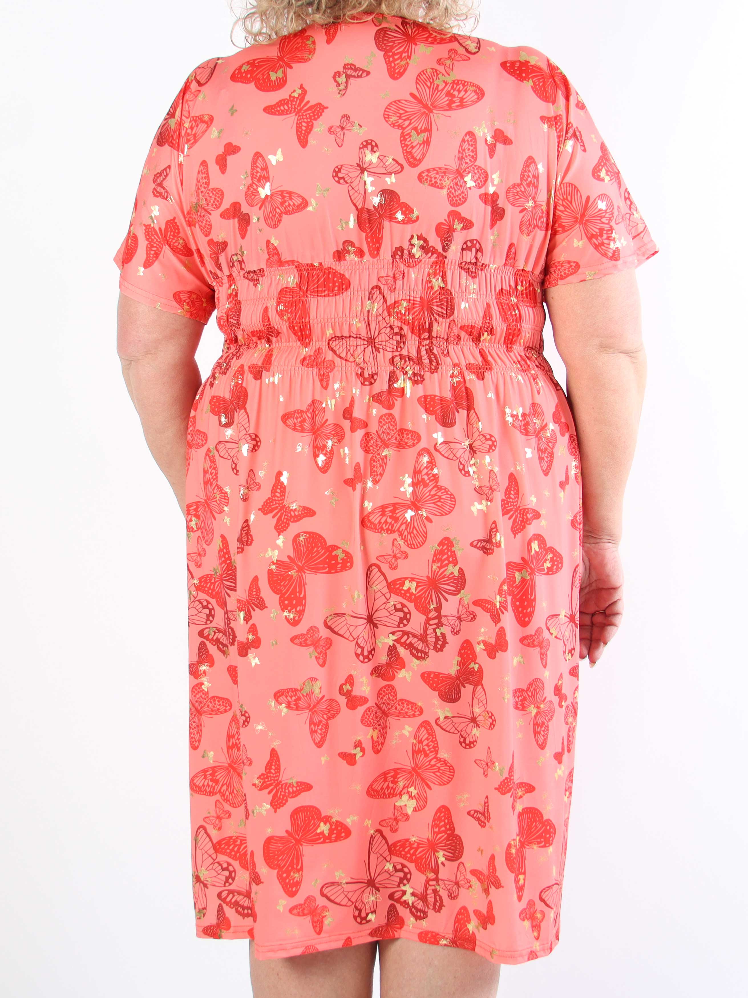 Pams Butterfly Midi S/S - Elastisk plus size kjole med sommerfugleprint
