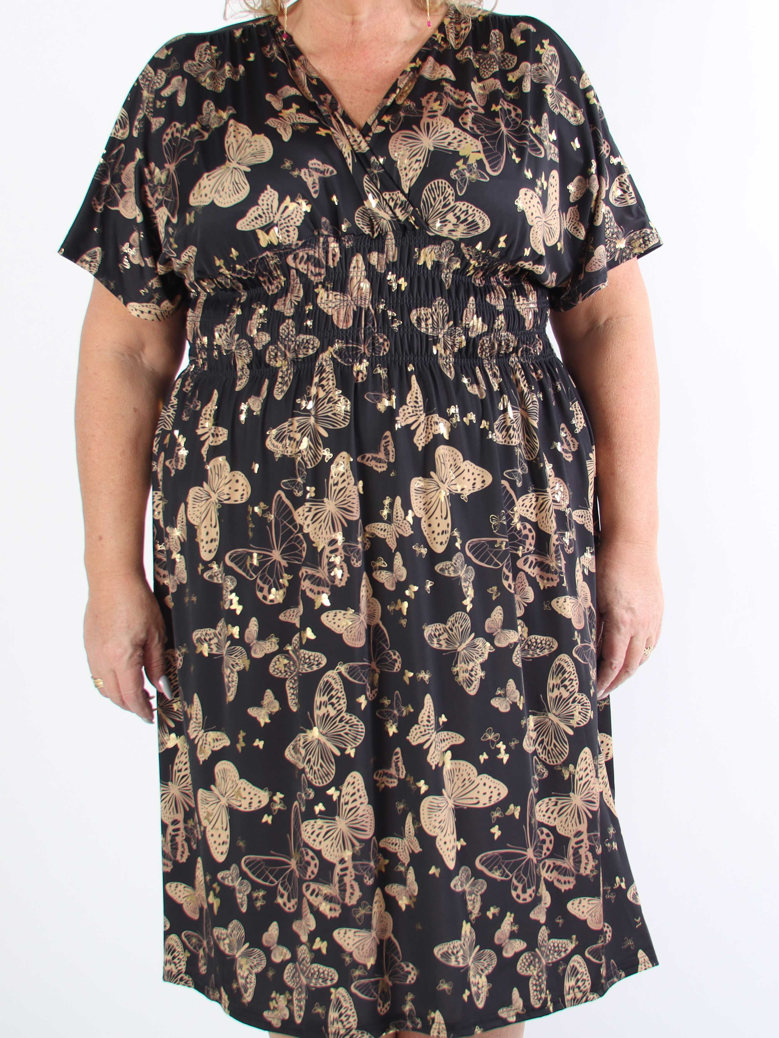 Pams Butterfly Midi S/S - Elastisk plus size kjole med sommerfugleprint