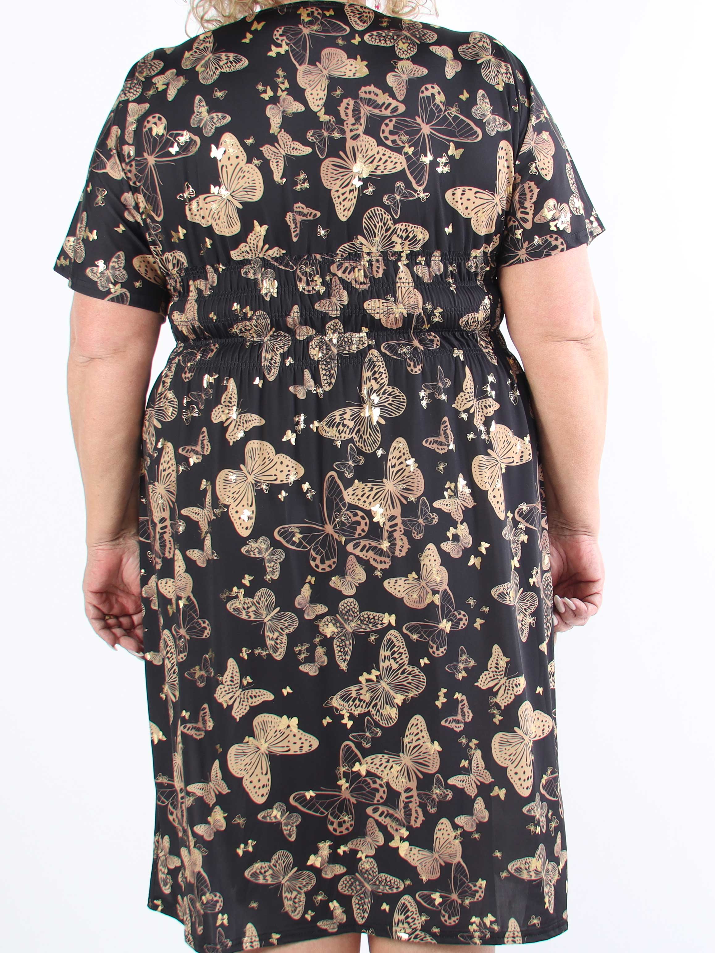 Pams Butterfly Midi S/S - Elastisk plus size kjole med sommerfugleprint