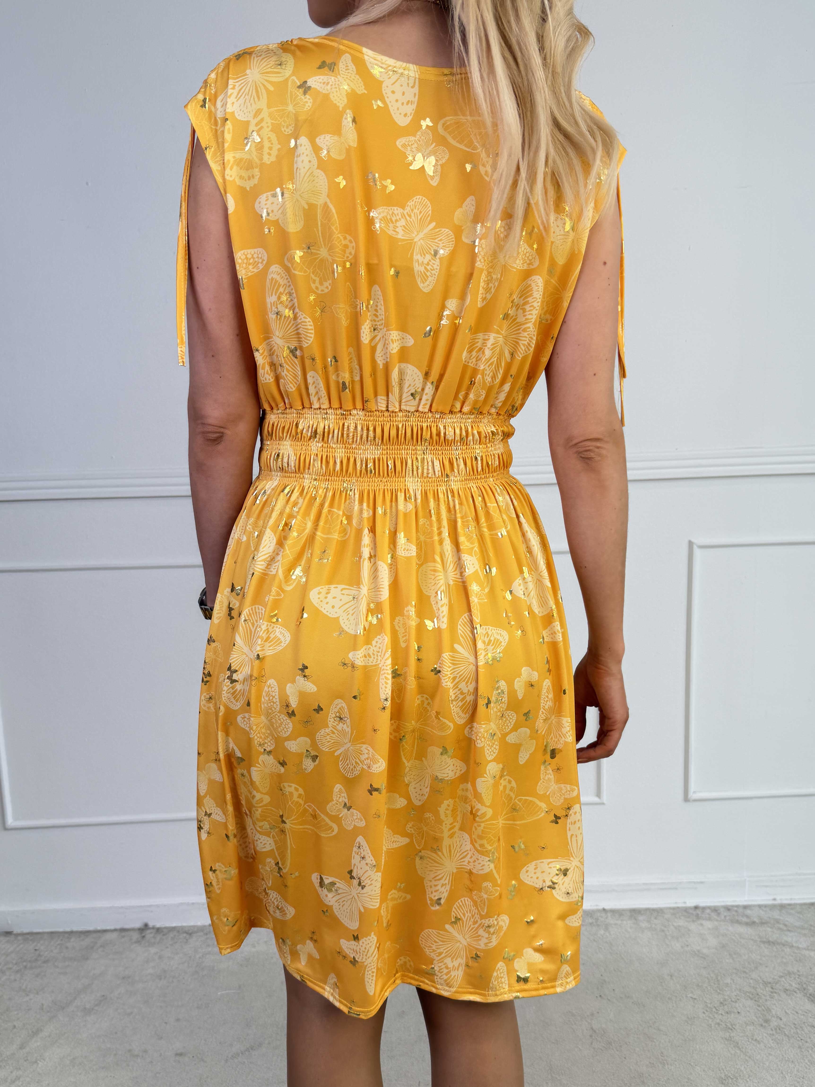 Pams Butterfly Sleeveless Short - Elastisk kjole med sommerfugleprint og smock i livet