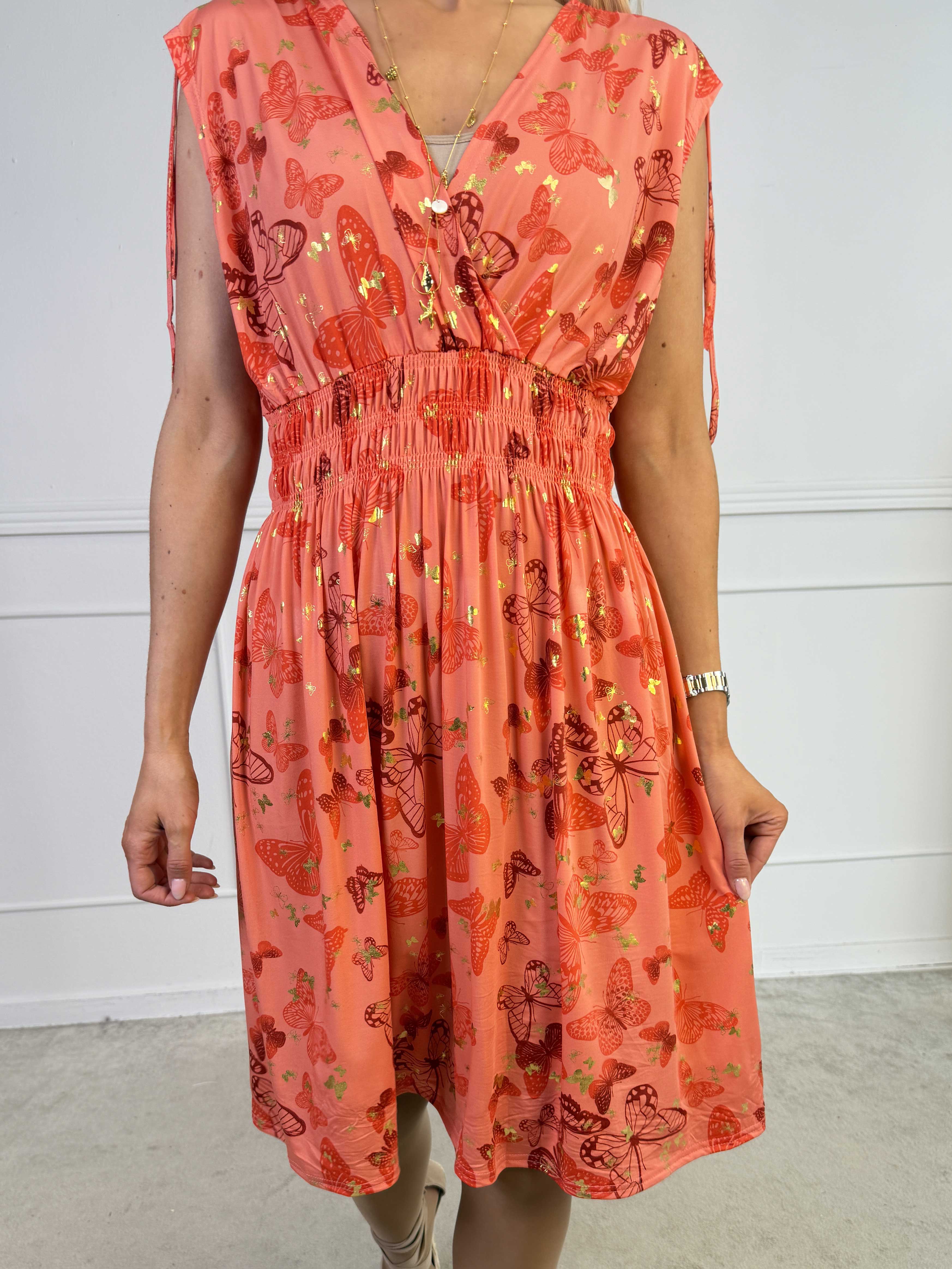 Pams Butterfly Sleeveless Short - Elastisk kjole med sommerfugleprint og smock i livet