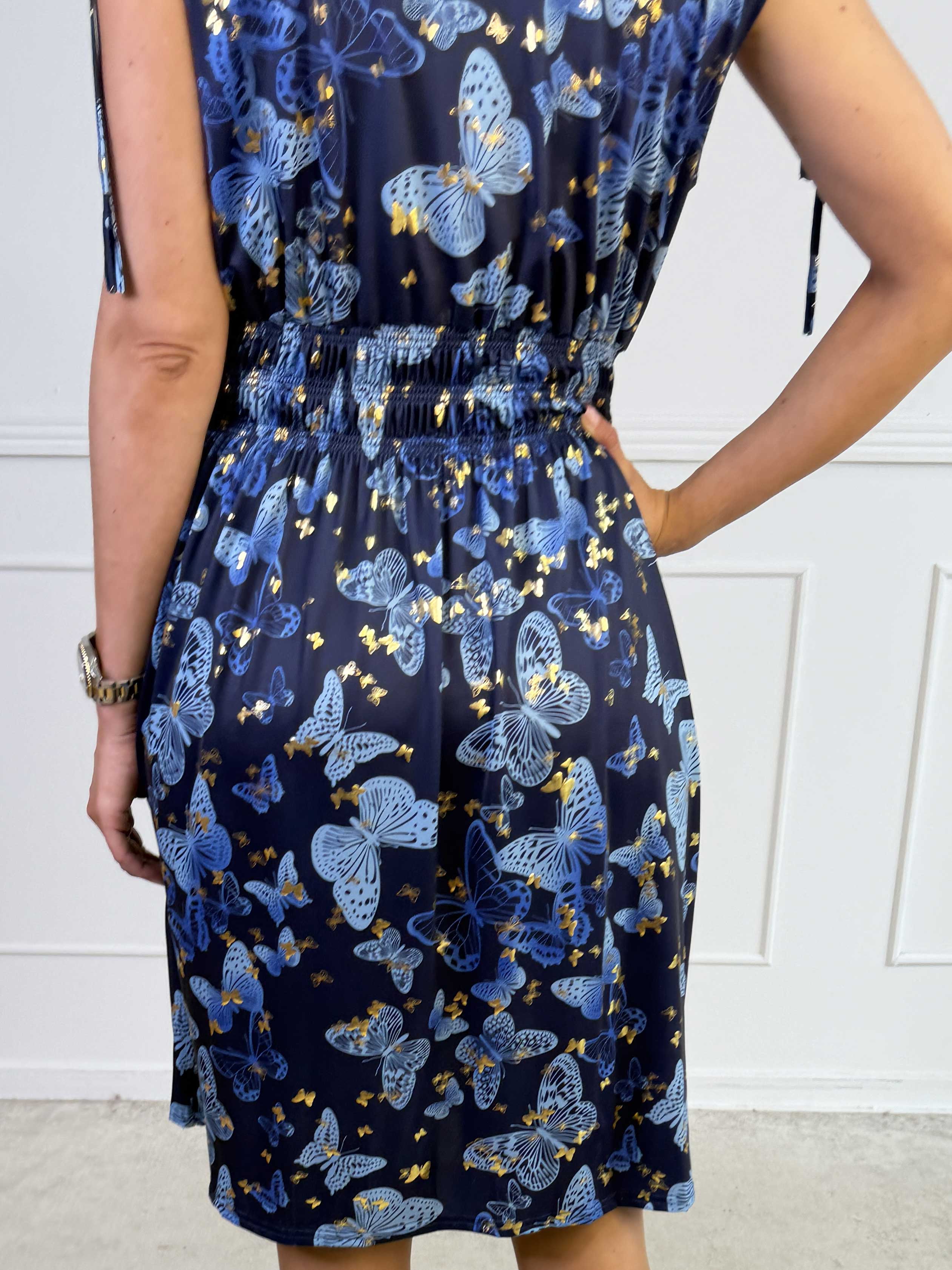 Pams Butterfly Sleeveless Short - Elastisk kjole med sommerfugleprint og smock i livet