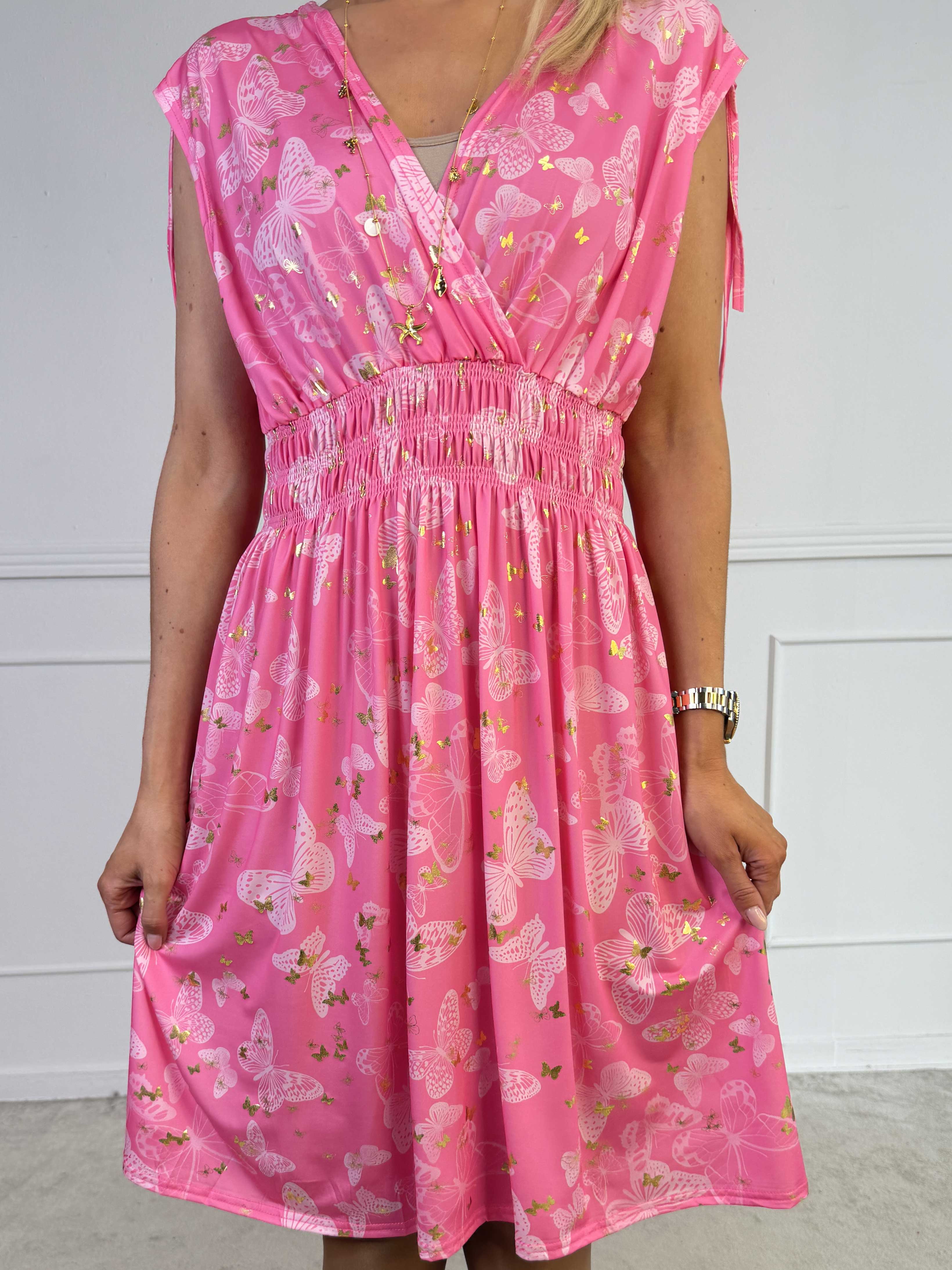 Pams Butterfly Sleeveless Short - Elastisk kjole med sommerfugleprint og smock i livet