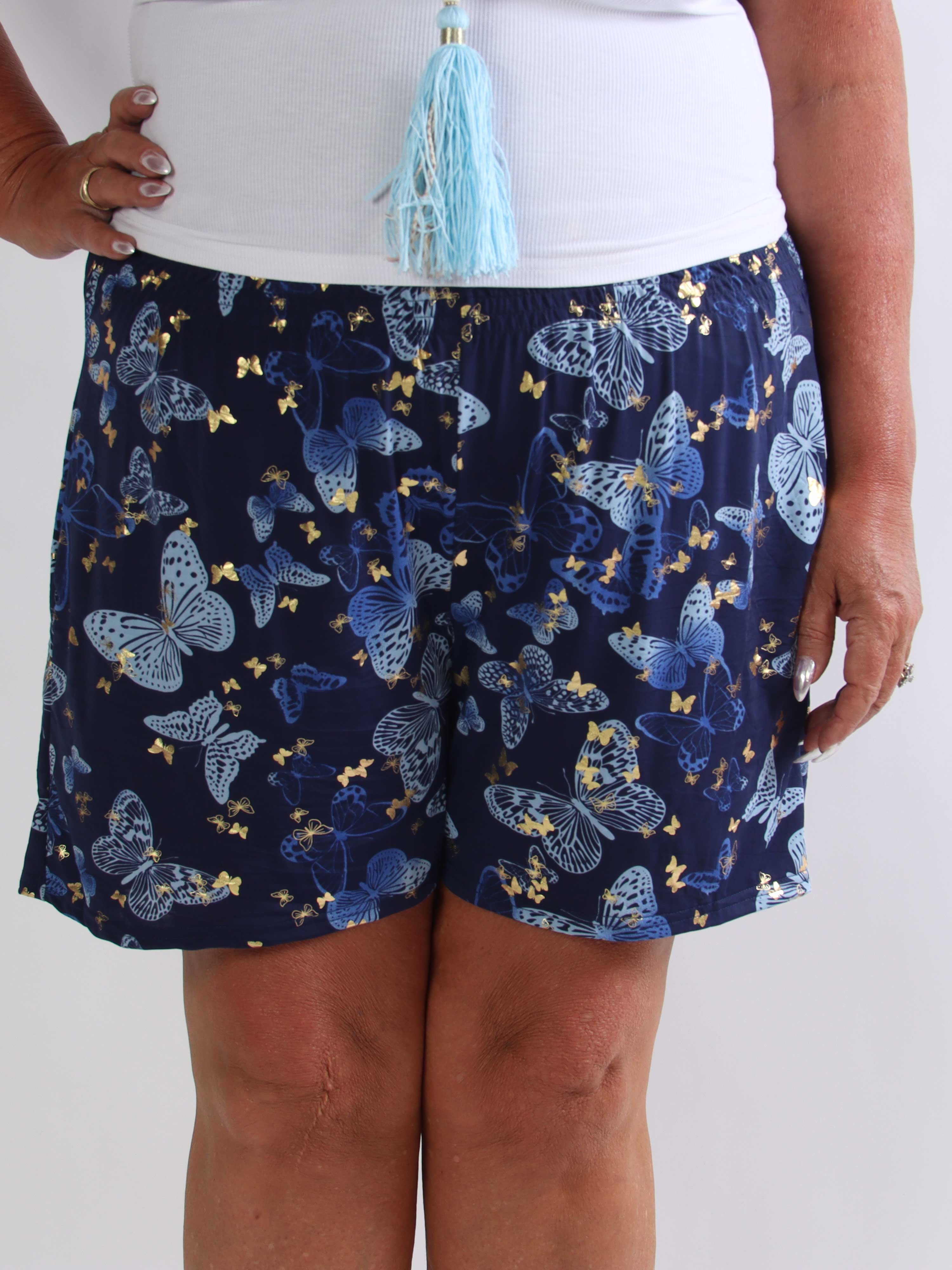 Pams Butterfly Shorts - Plus size shorts med sommerfugleprint og gulddetaljer