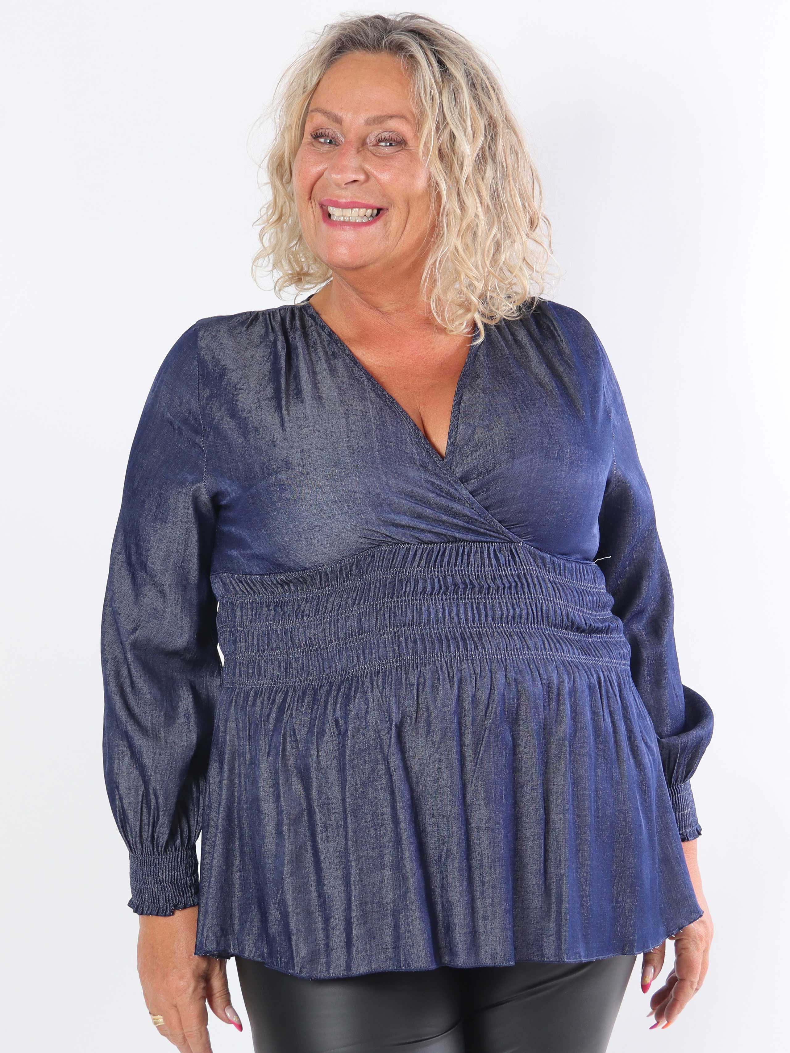 Pams Denim Shirt L/S - Elastisk plus size bluse med lange ærmer