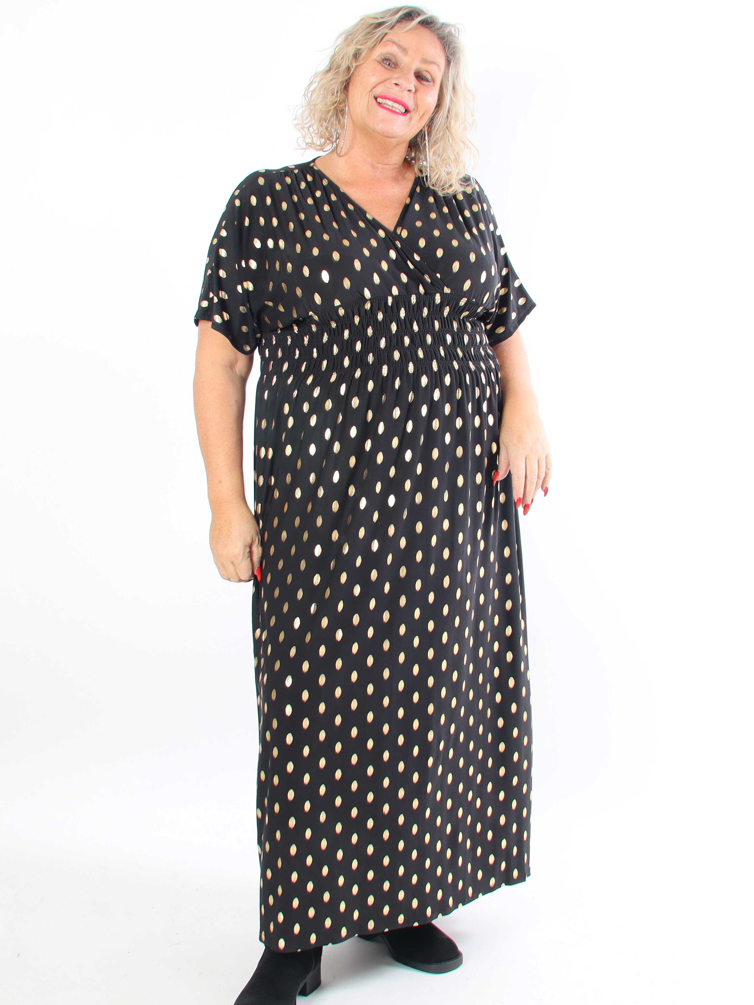 Pams Dot - Lang elastisk plus size kjole med prikket detaljer