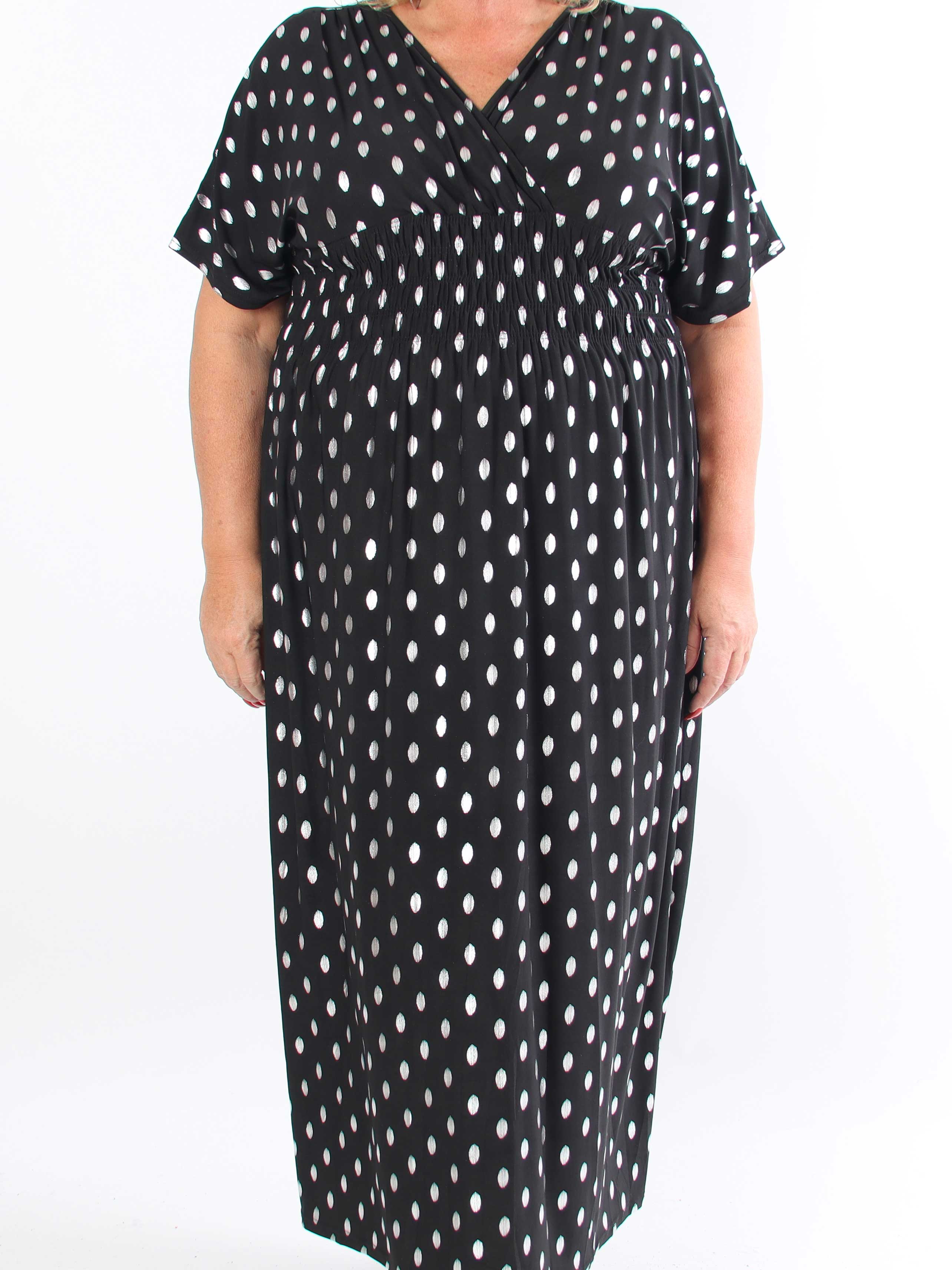 Pams Dot - Lang elastisk plus size kjole med prikket detaljer