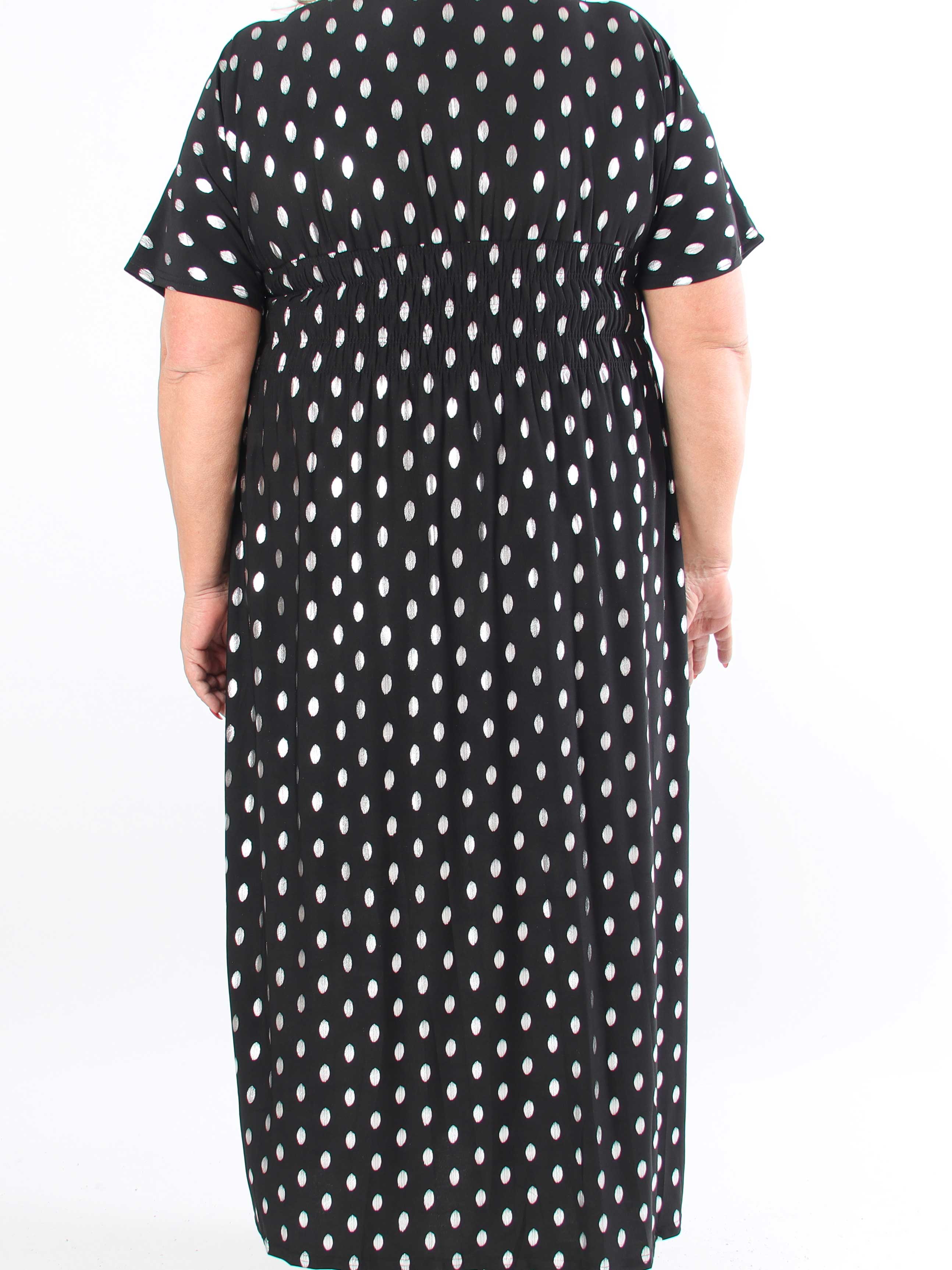 Pams Dot - Lang elastisk plus size kjole med prikket detaljer