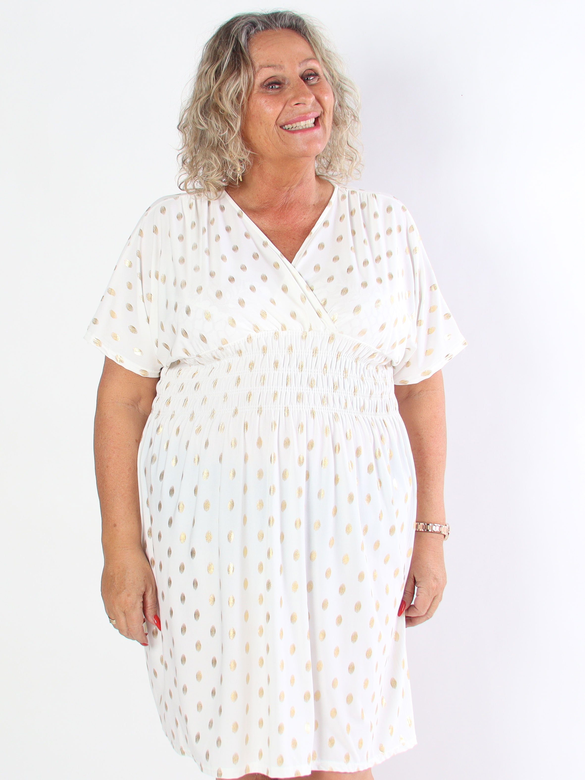 Pams Dot Short - Plus size elastisk kjole med guld prikker