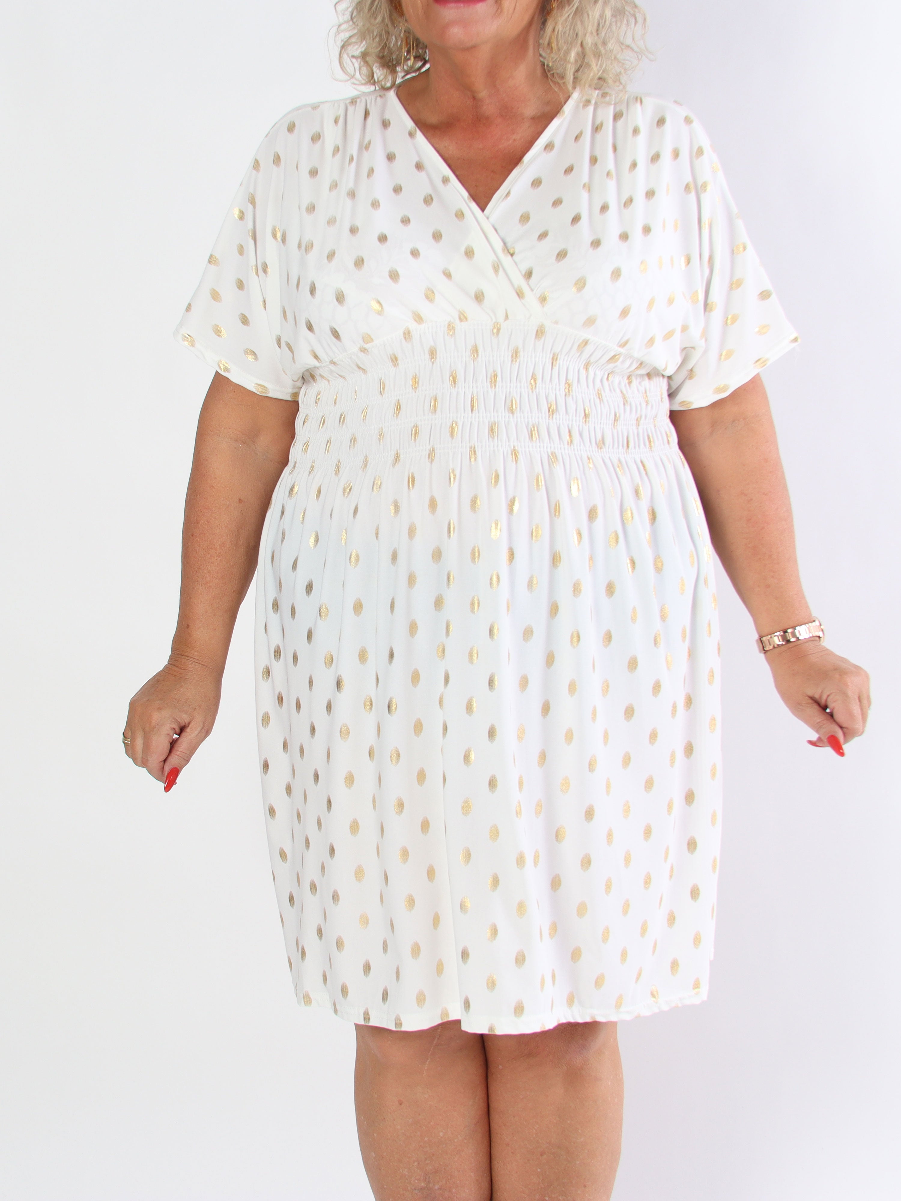 Pams Dot Short - Plus size elastisk kjole med guld prikker