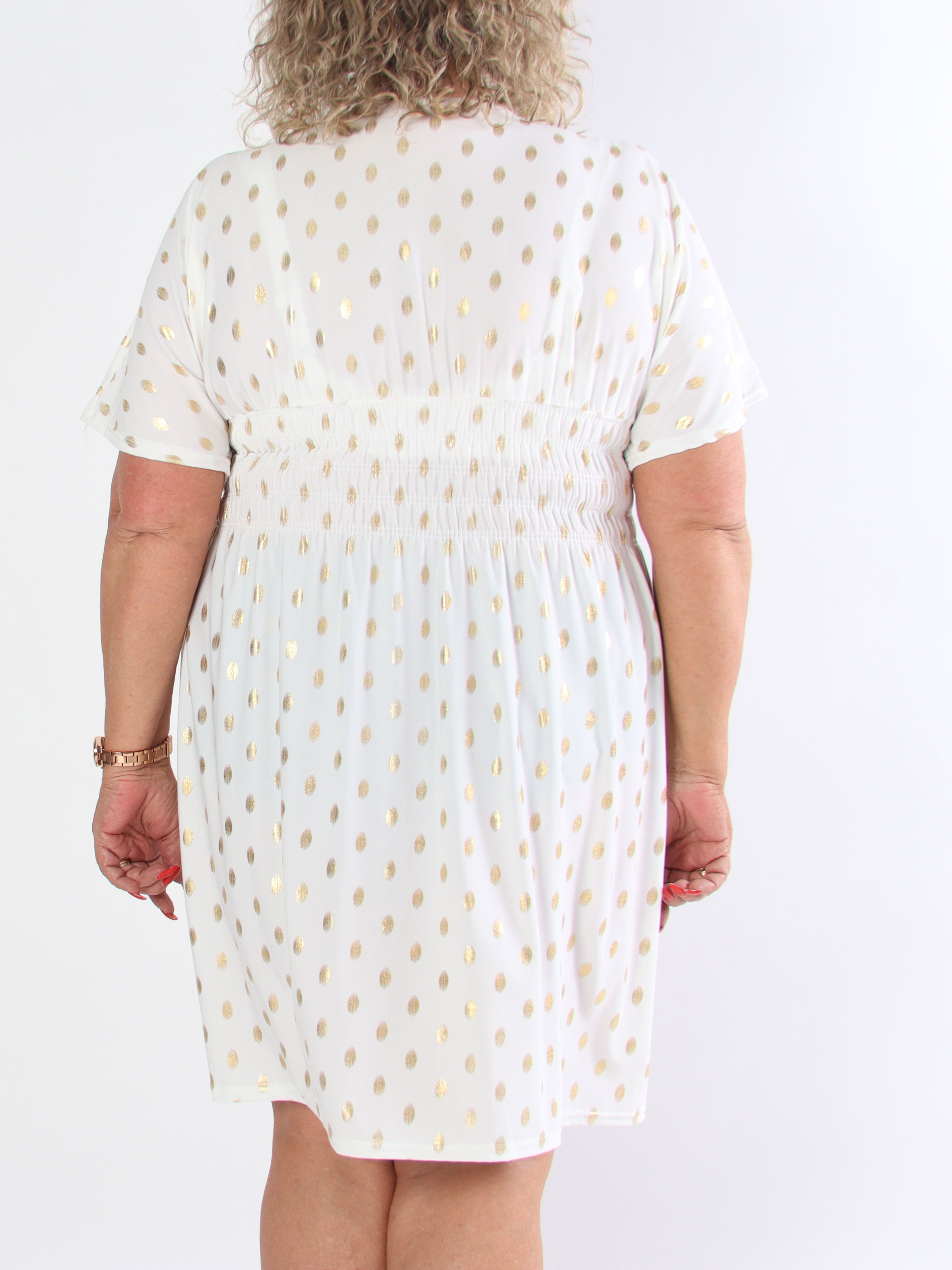 Pams Dot Short - Plus size elastisk kjole med guld prikker