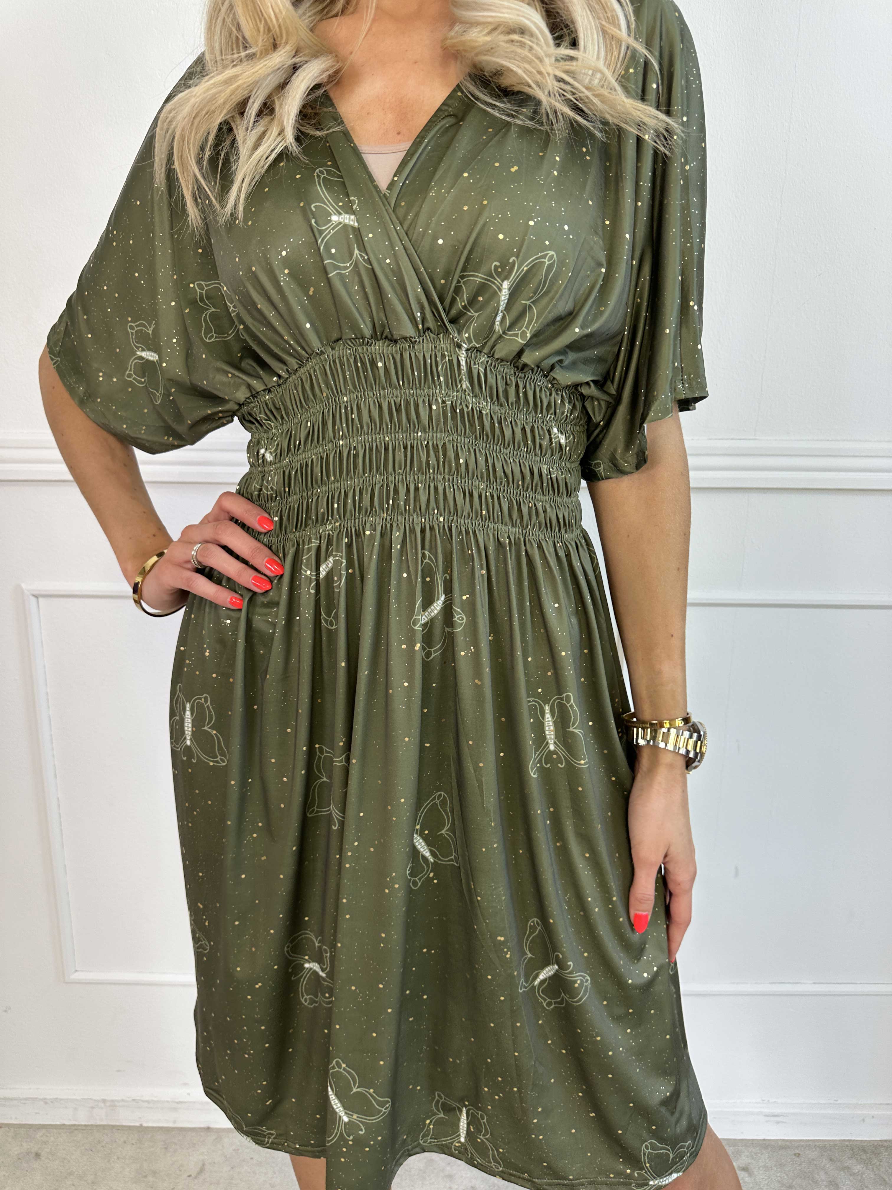 Pams Dust Short - Elastisk kjole med sommerfugle og guld støv