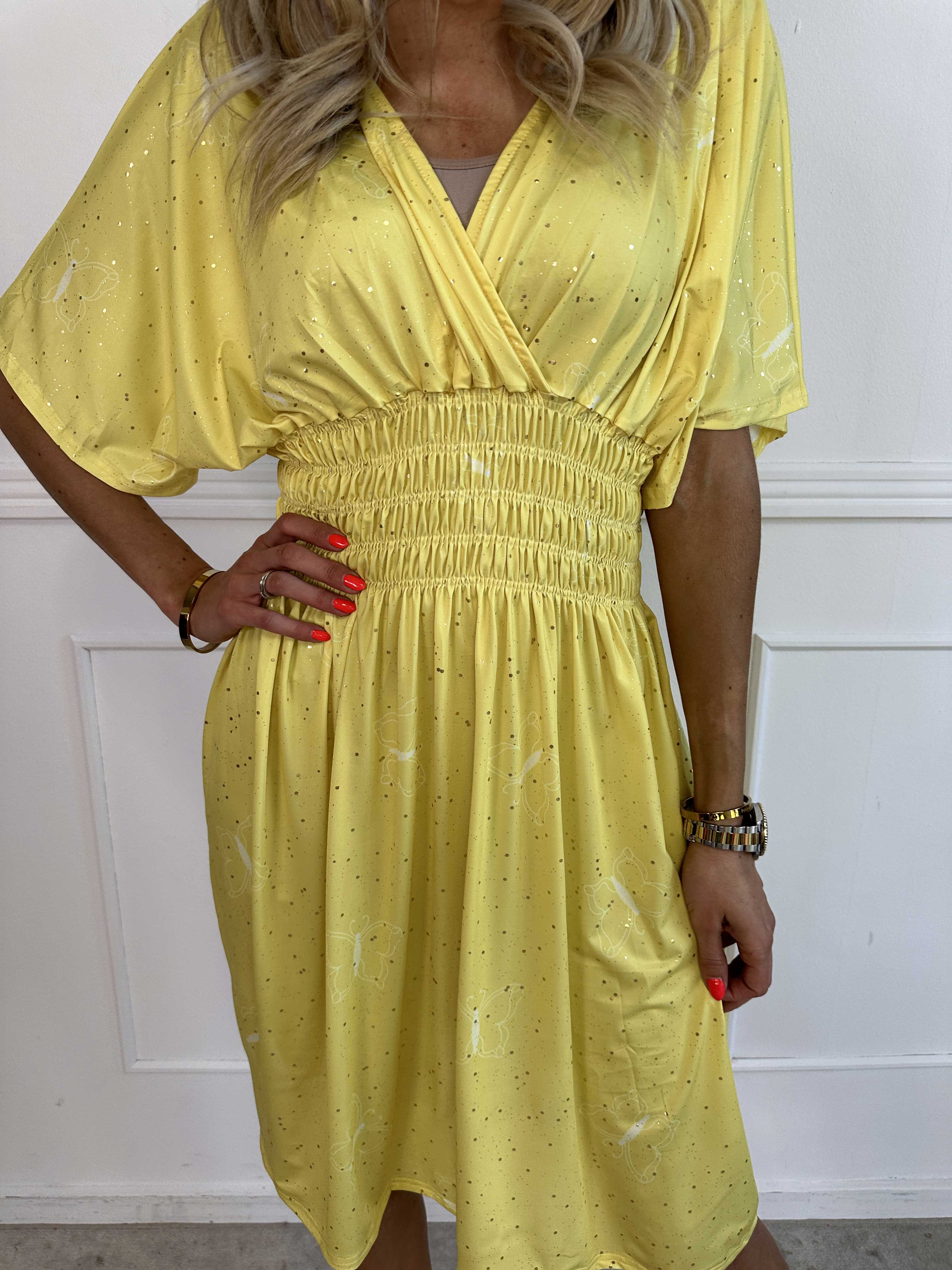 Pams Dust Short - Elastisk kjole med sommerfugle og guld støv