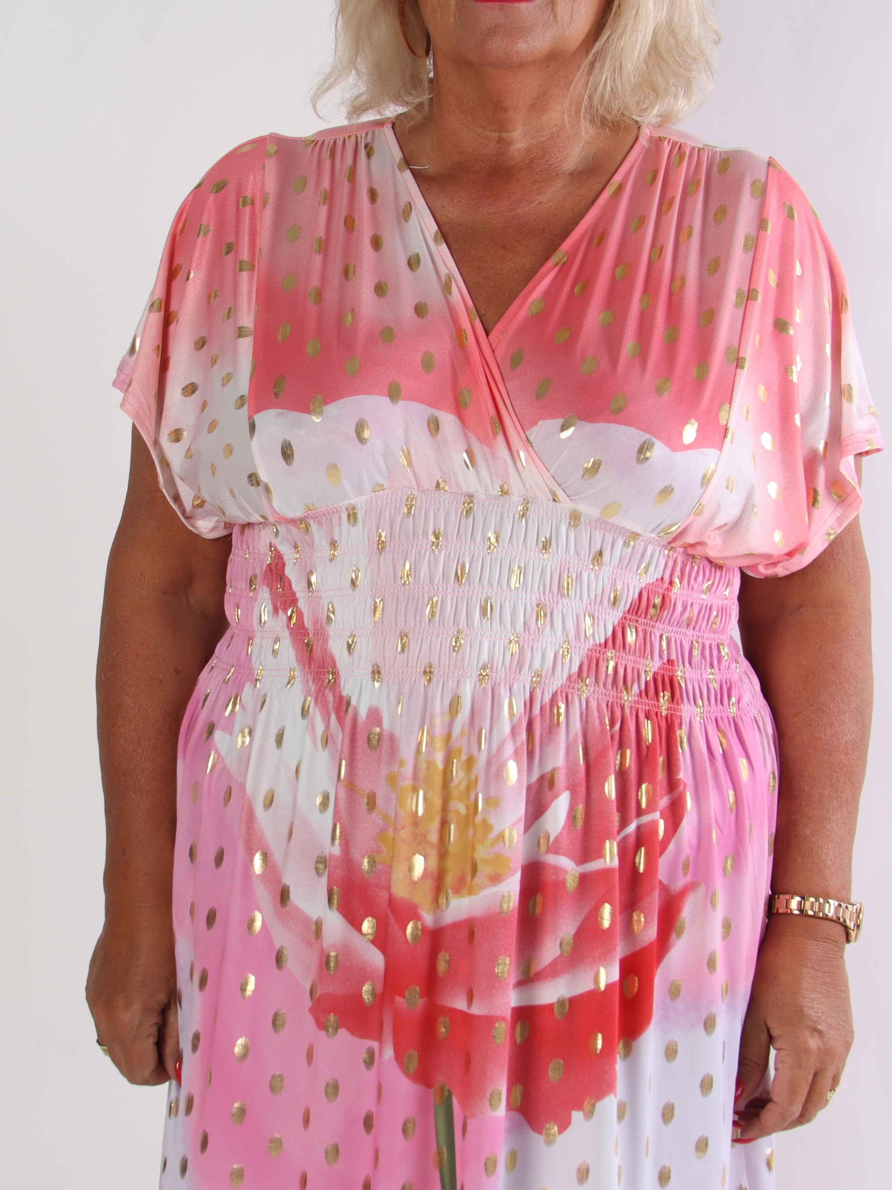 Pams Field Short - Kort elastisk plus size kjole med blomstermotiv og guld dutter