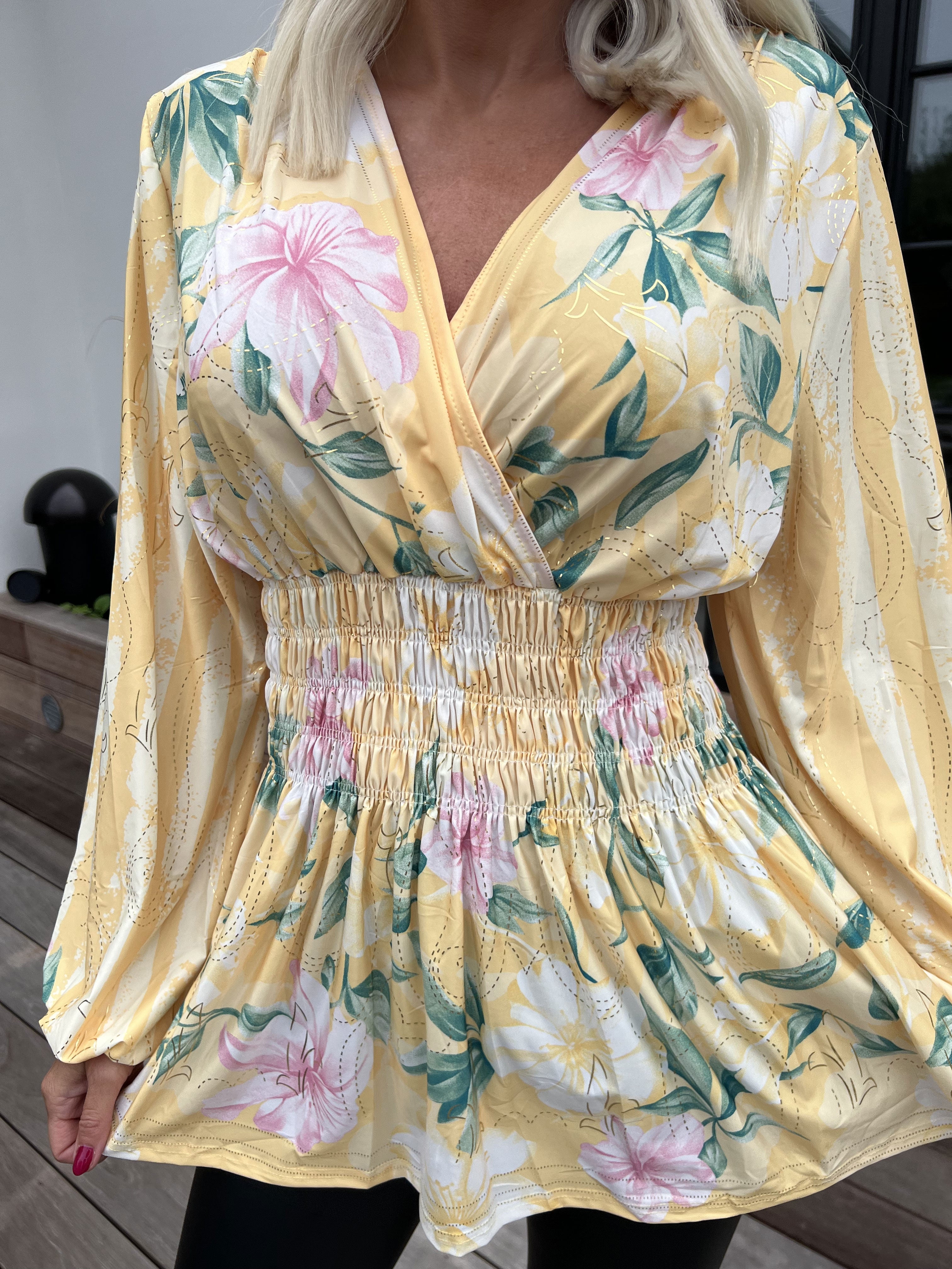 Pams Floral Stripe Shirt L/S - Elastisk bluse med blomsterprint og guld detaljer