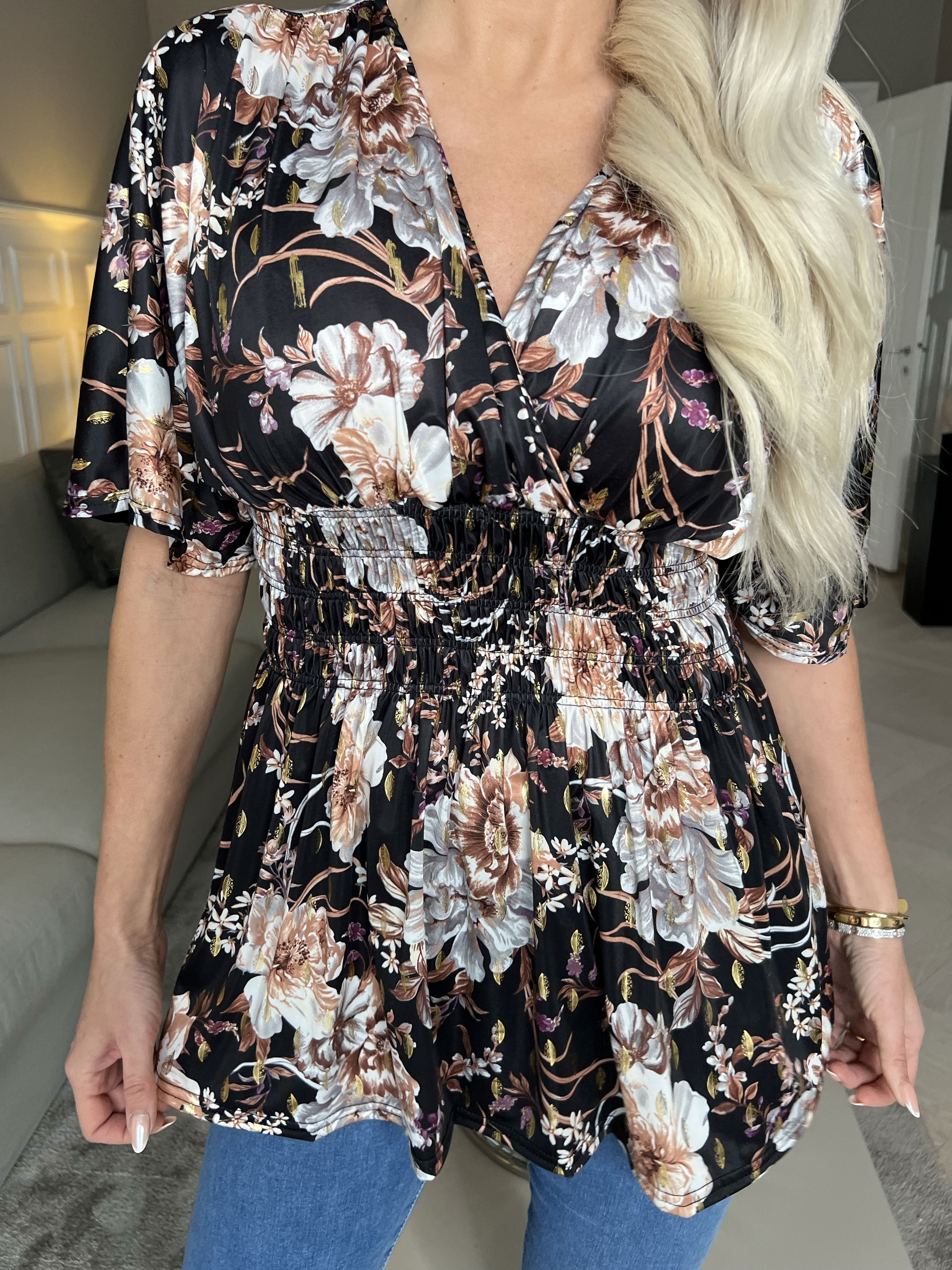 Pams Flower Shirt - Sød tunika i blomsterprint med smock