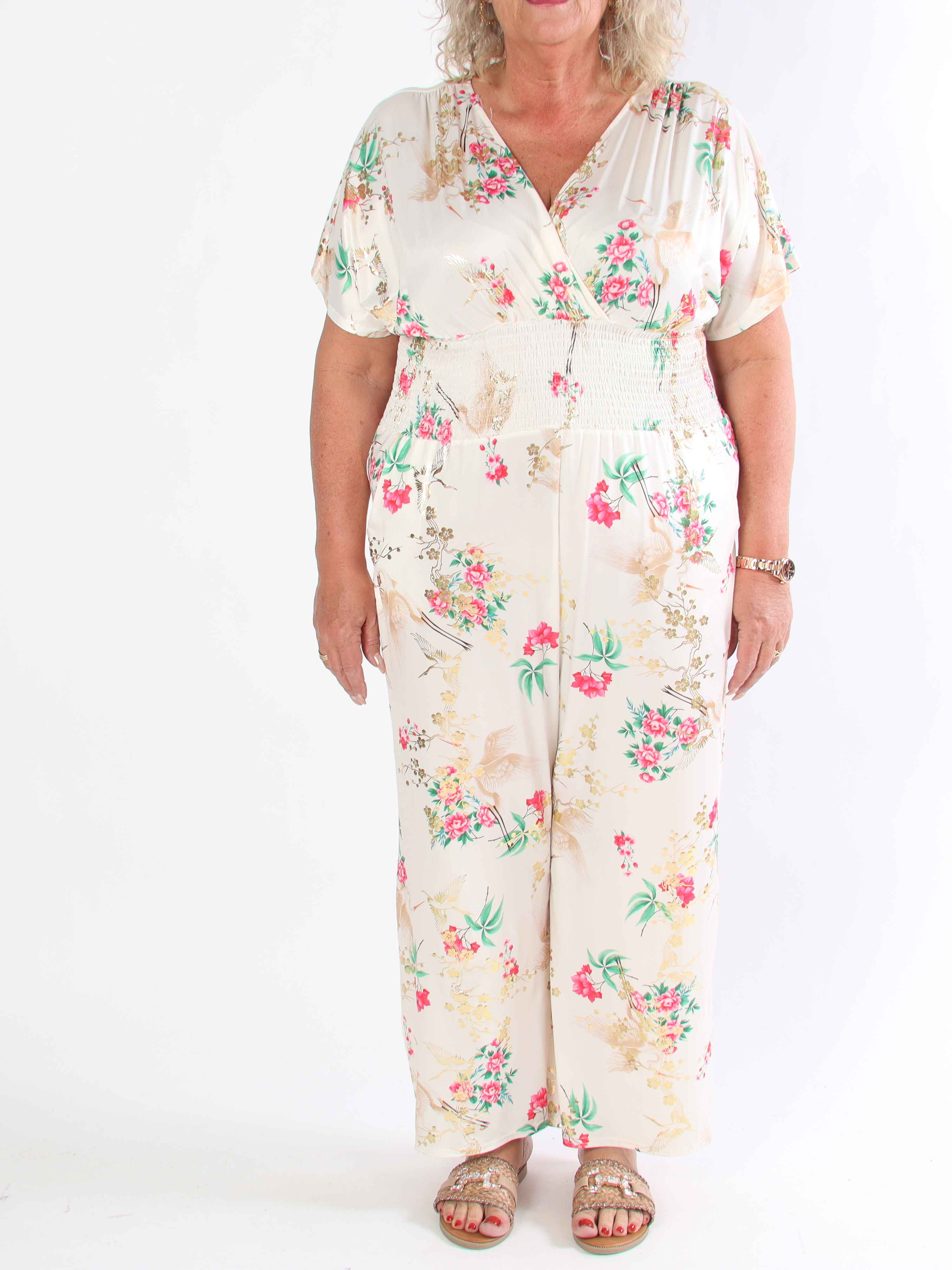 Pams Fly Jumpsuit - Elastisk plus size buksedragt med blomster- og fugleprint