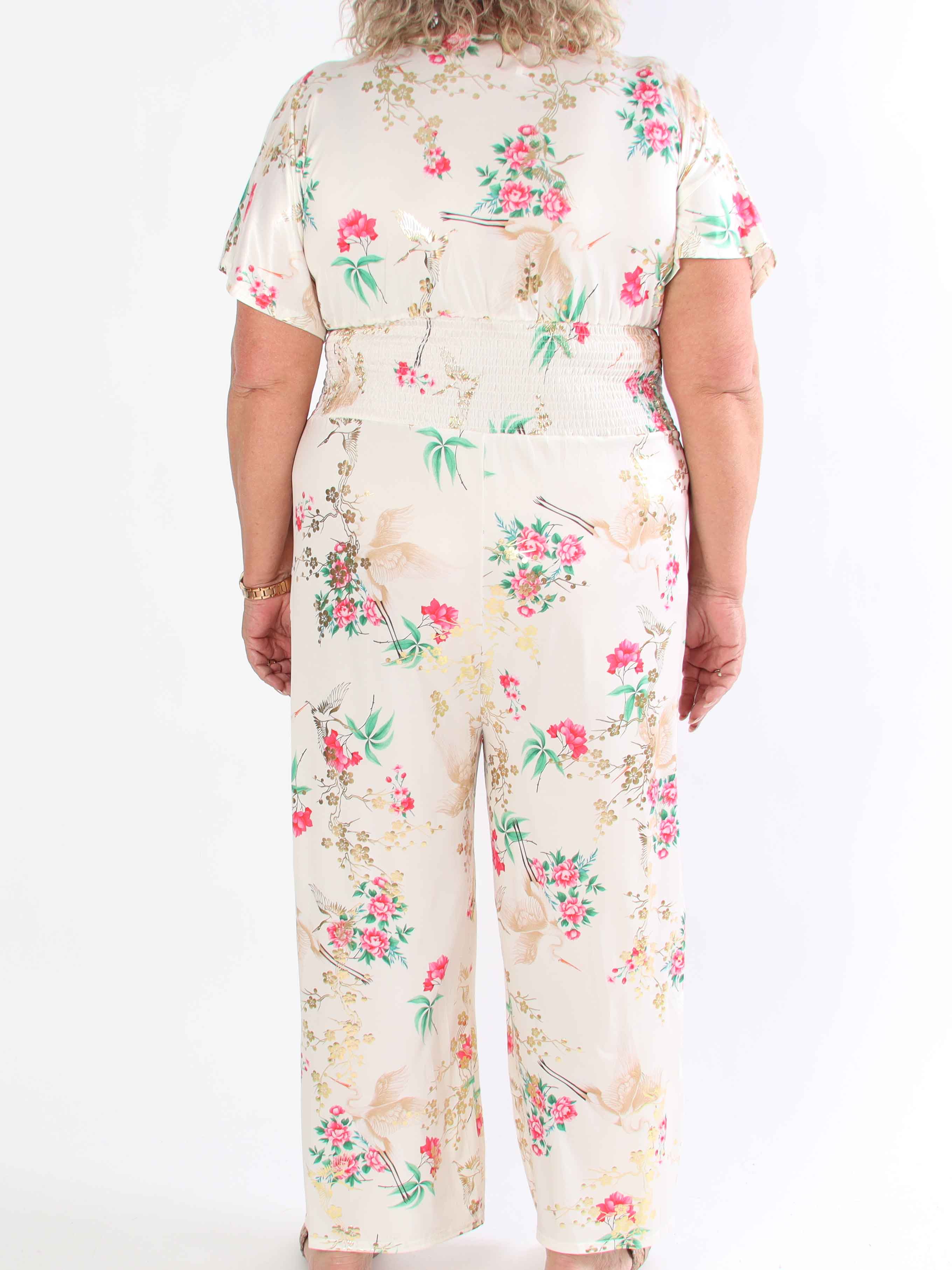 Pams Fly Jumpsuit - Elastisk plus size buksedragt med blomster- og fugleprint