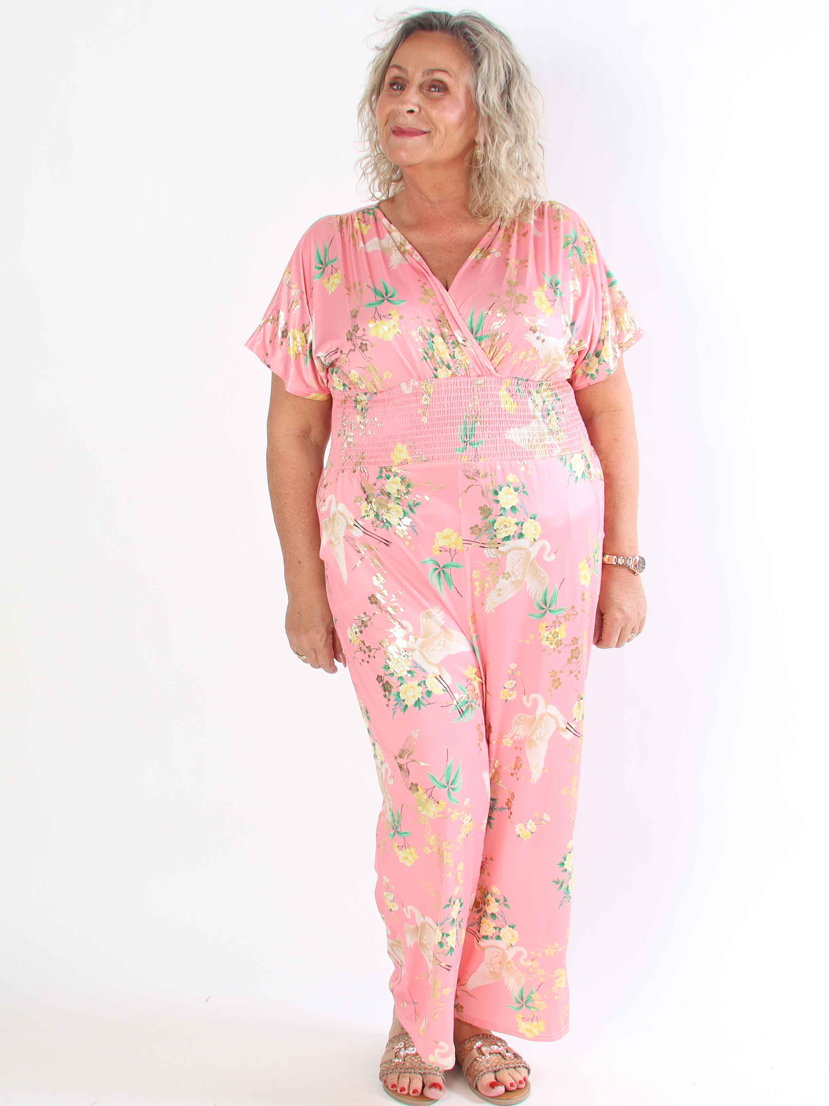 Pams Fly Jumpsuit - Elastisk plus size buksedragt med blomster- og fugleprint