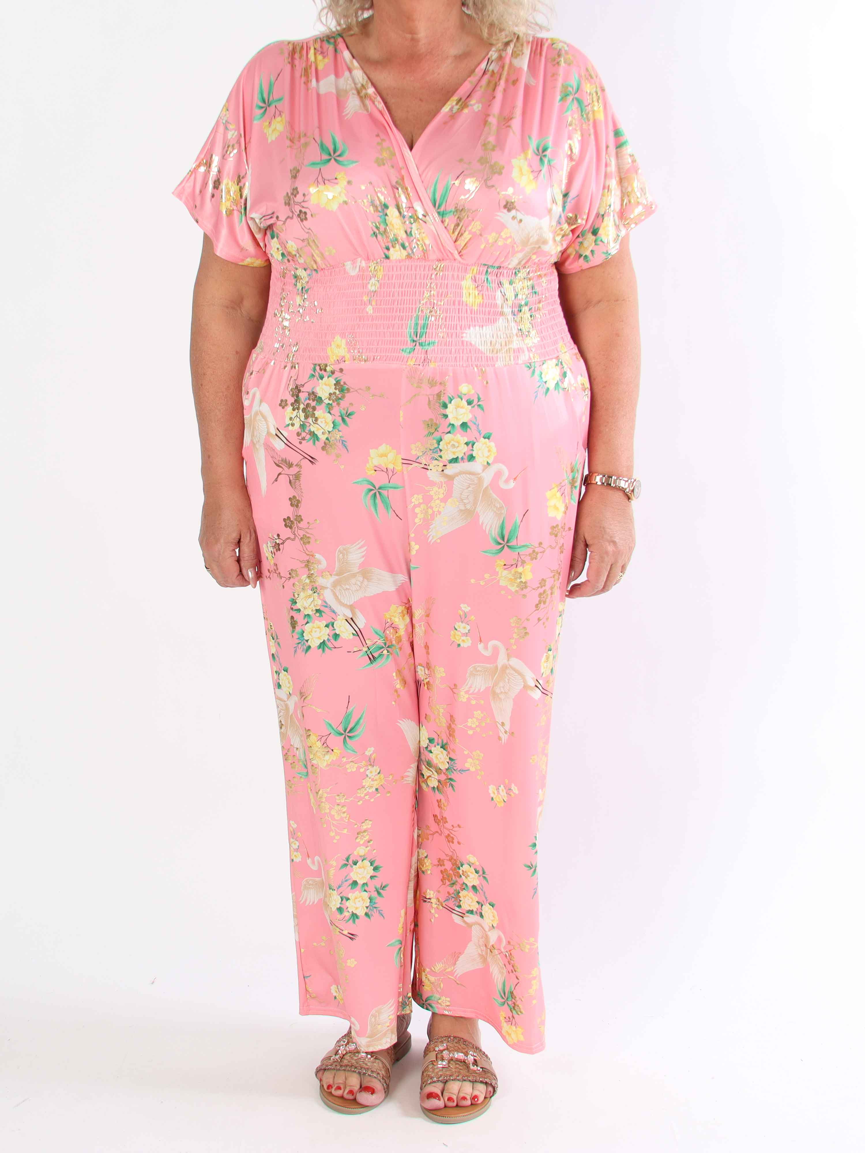 Pams Fly Jumpsuit - Elastisk plus size buksedragt med blomster- og fugleprint