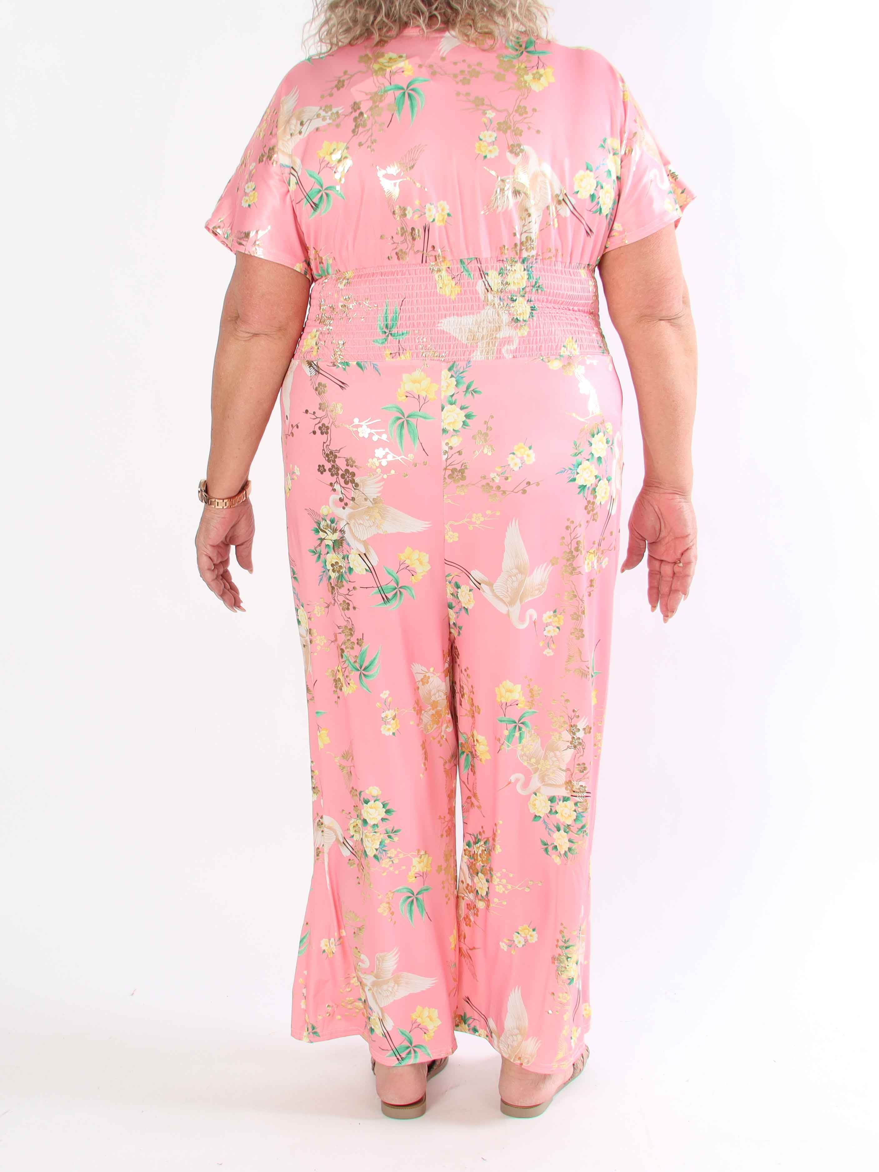 Pams Fly Jumpsuit - Elastisk plus size buksedragt med blomster- og fugleprint