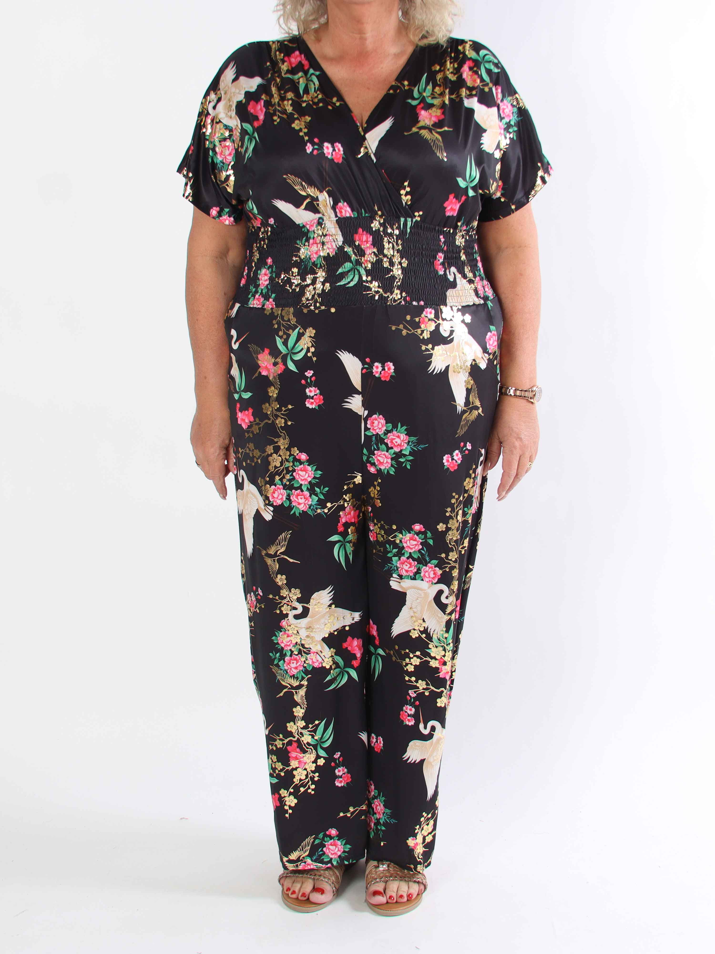 Pams Fly Jumpsuit - Elastisk plus size buksedragt med blomster- og fugleprint