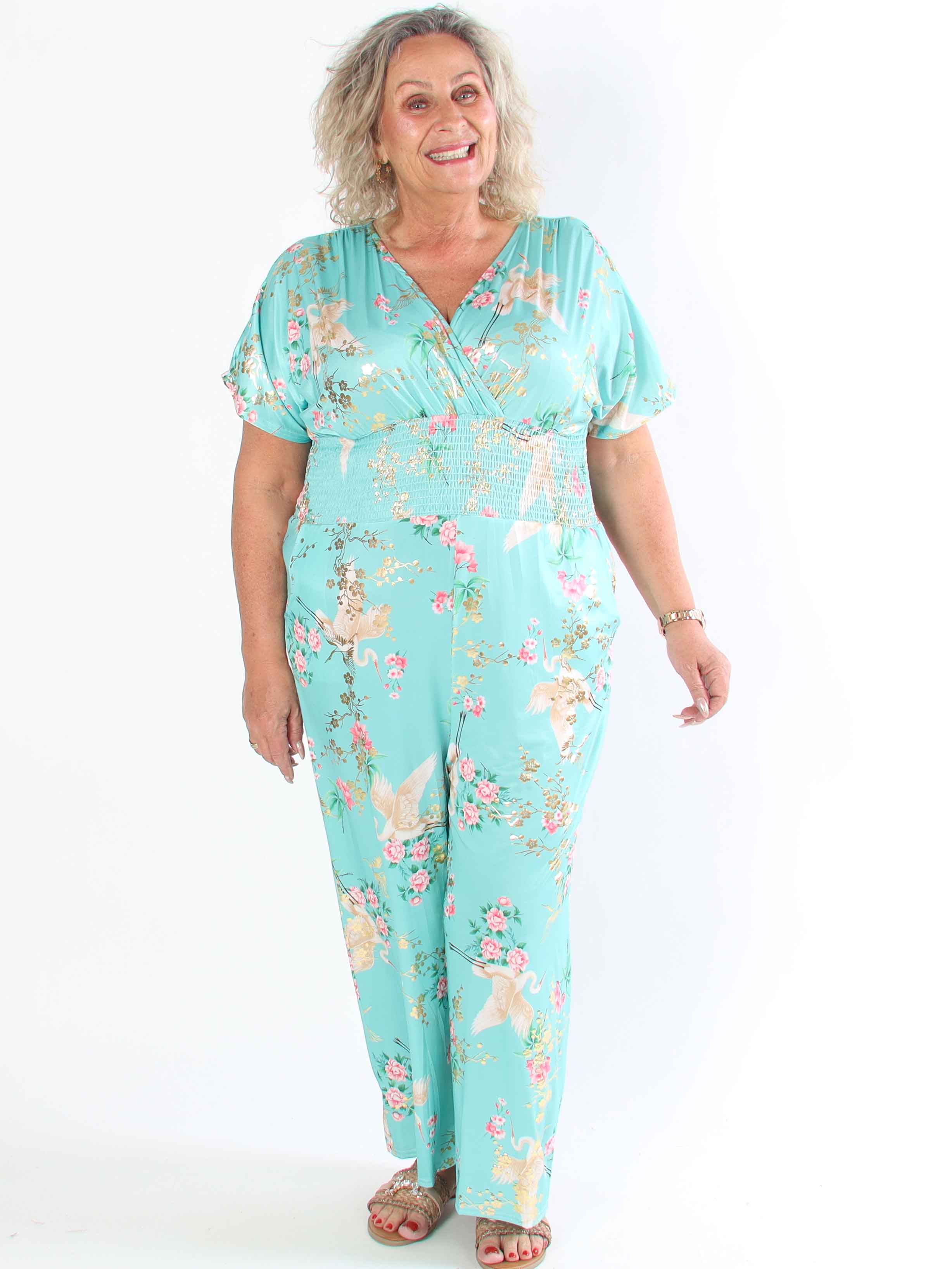 Pams Fly Jumpsuit - Elastisk plus size buksedragt med blomster- og fugleprint