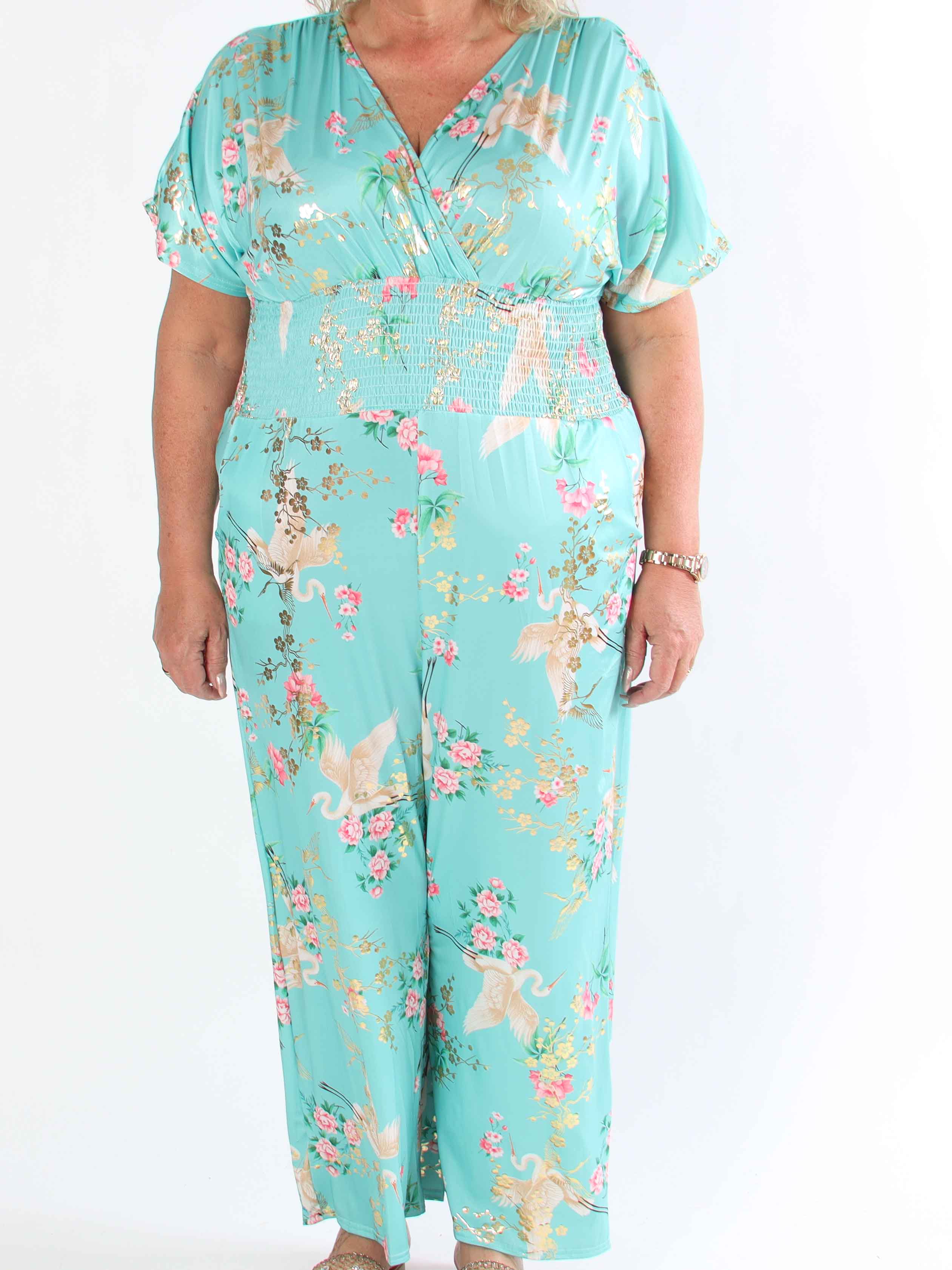 Pams Fly Jumpsuit - Elastisk plus size buksedragt med blomster- og fugleprint