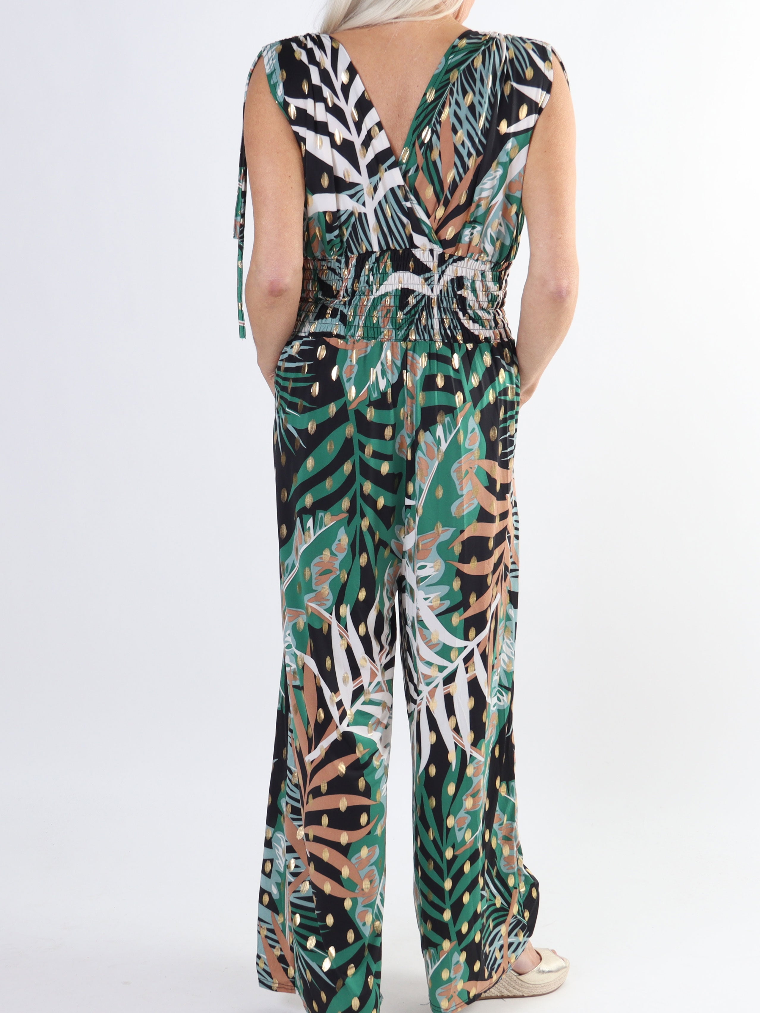 Pams Forest Jumpsuit N/S - Plus size buksedragt med bladmønster