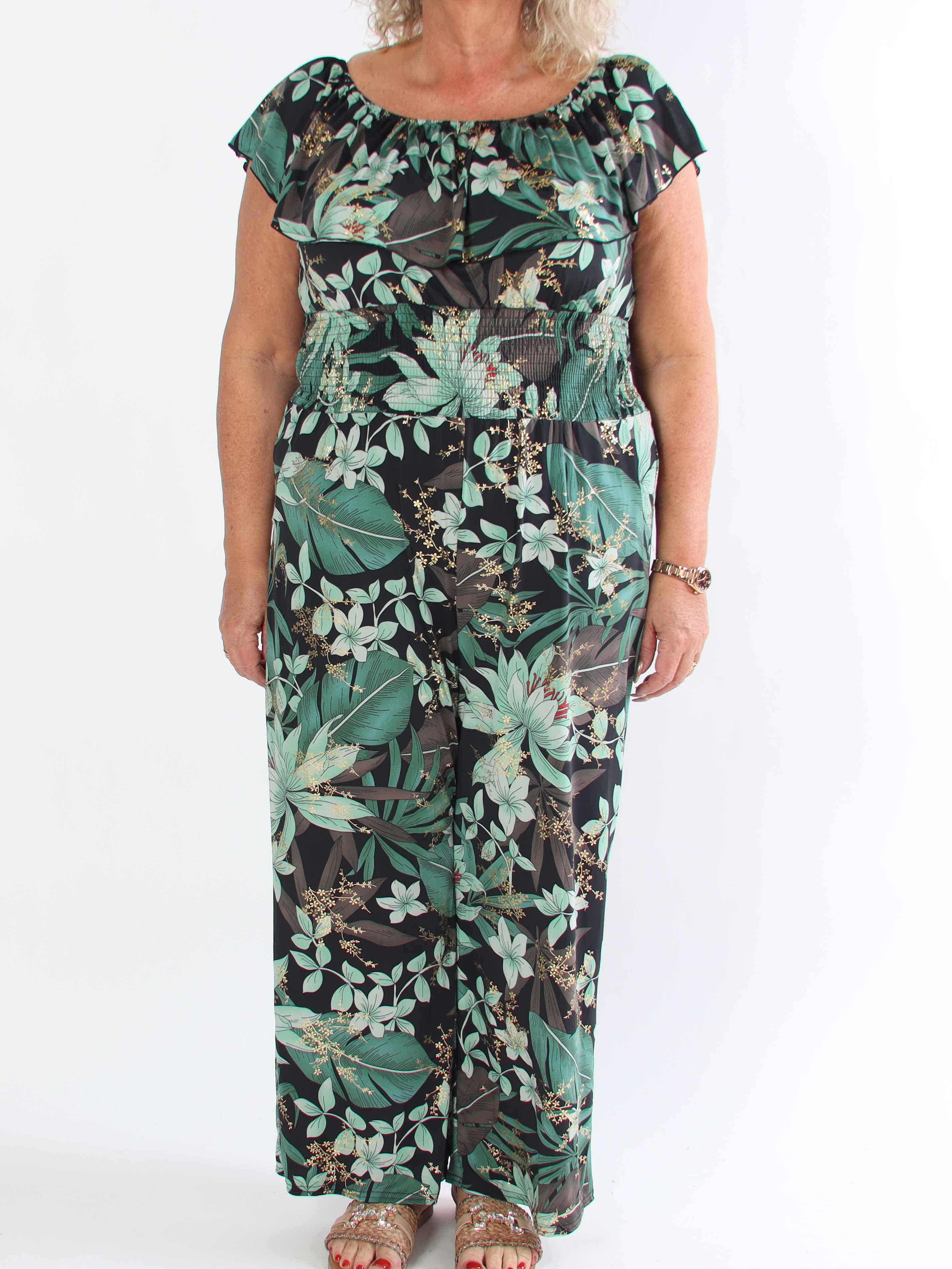 Pams Frill Jumpsuit - Elastisk buksedragt i plus size med smock og flæse