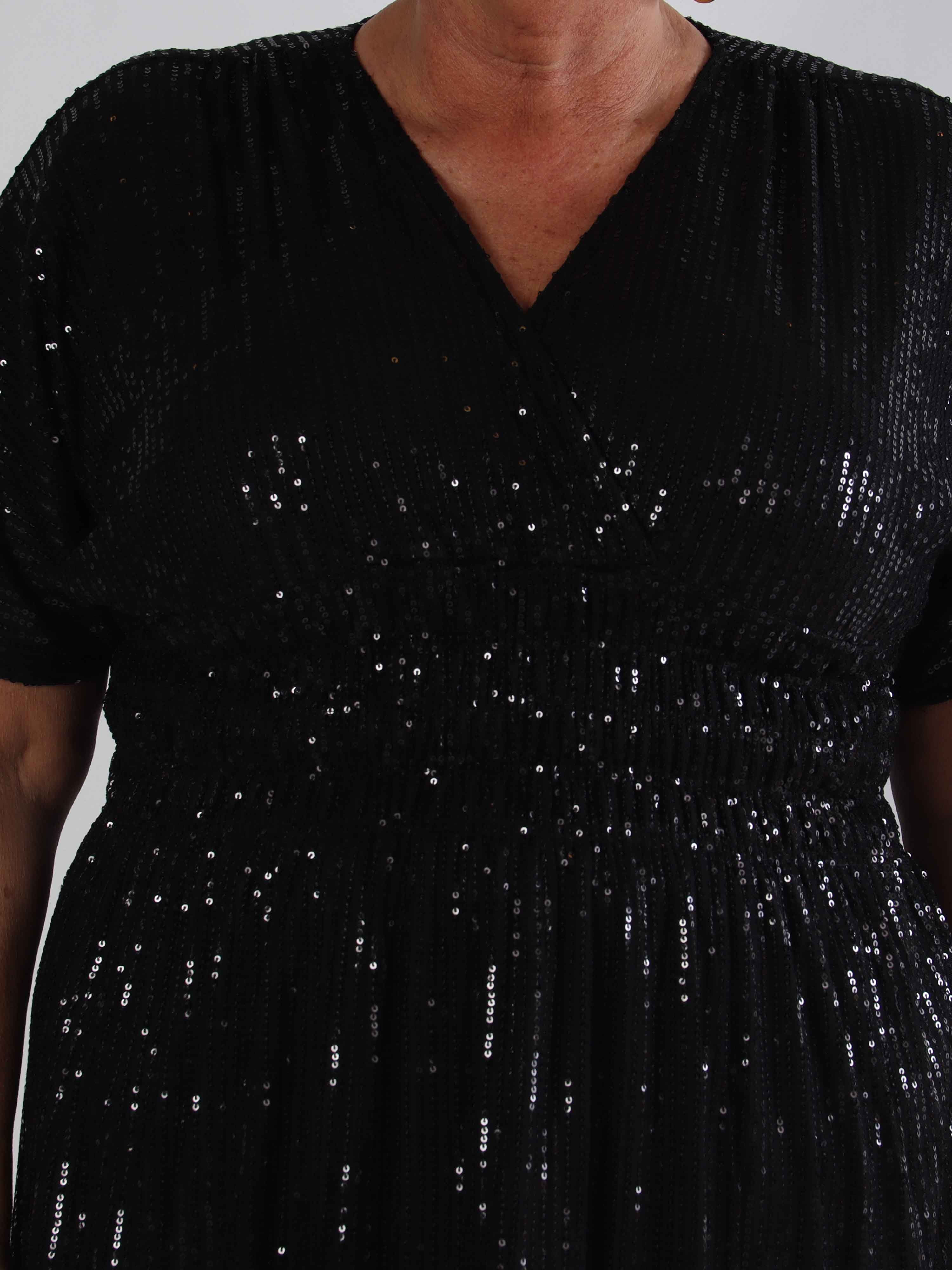 Pams Glitter Midi - Smuk plus size kjole med pailletter og smock i livet
