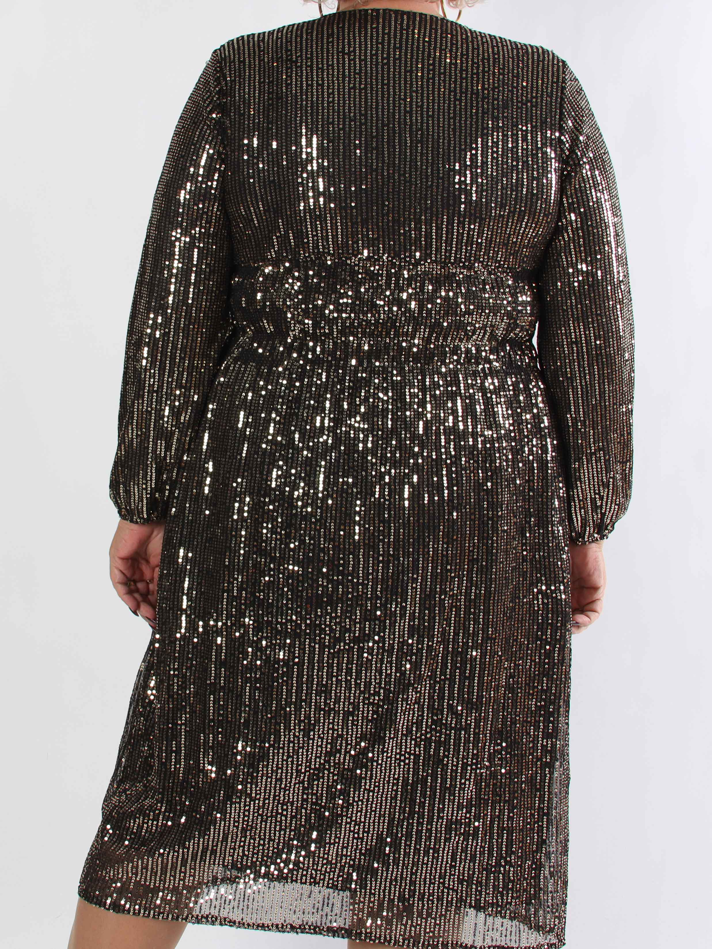 Pams Glitter Midi L/S - Plus size kjole med smock og pailletter