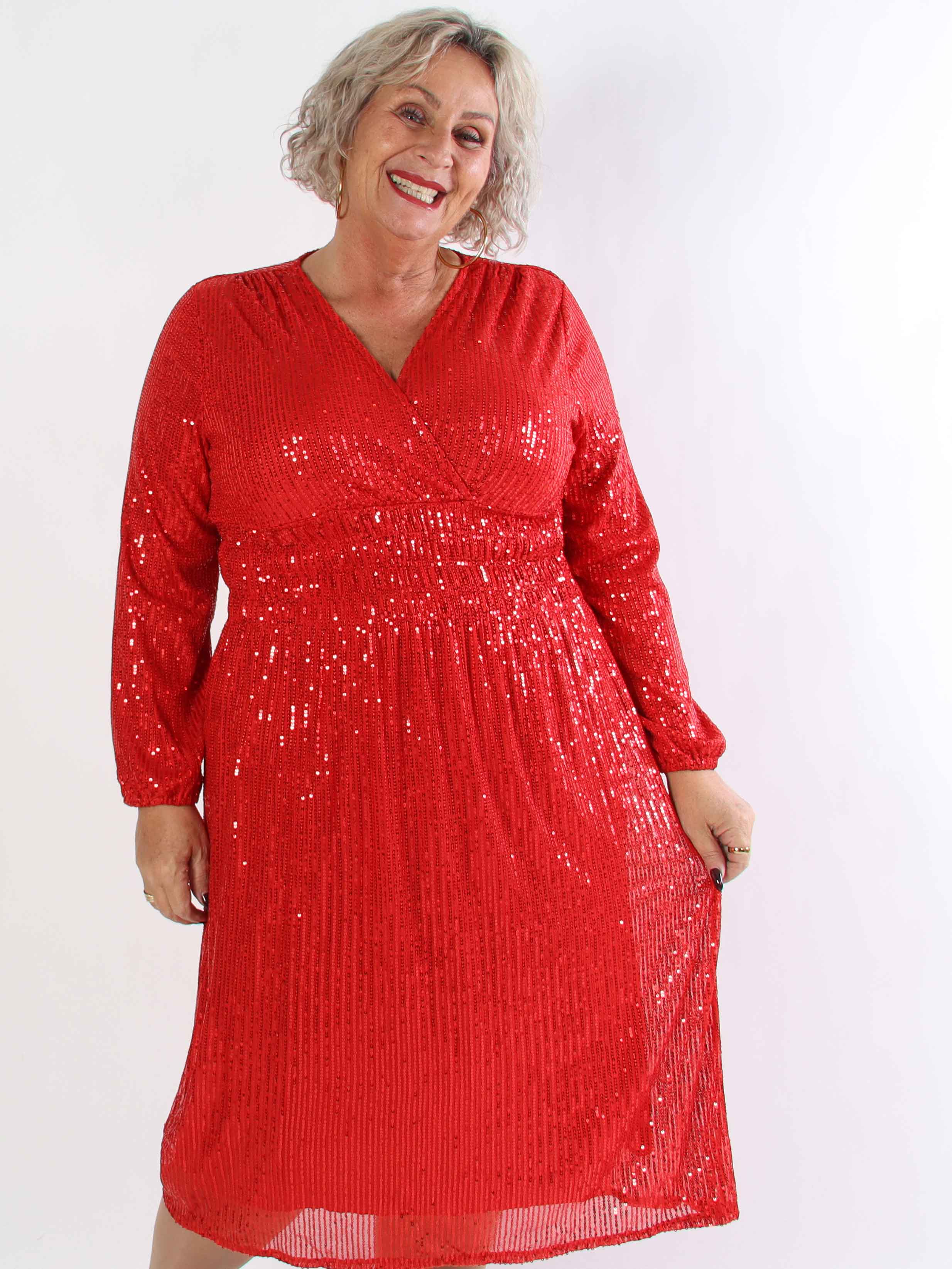 Pams Glitter Midi L/S - Plus size kjole med smock og pailletter