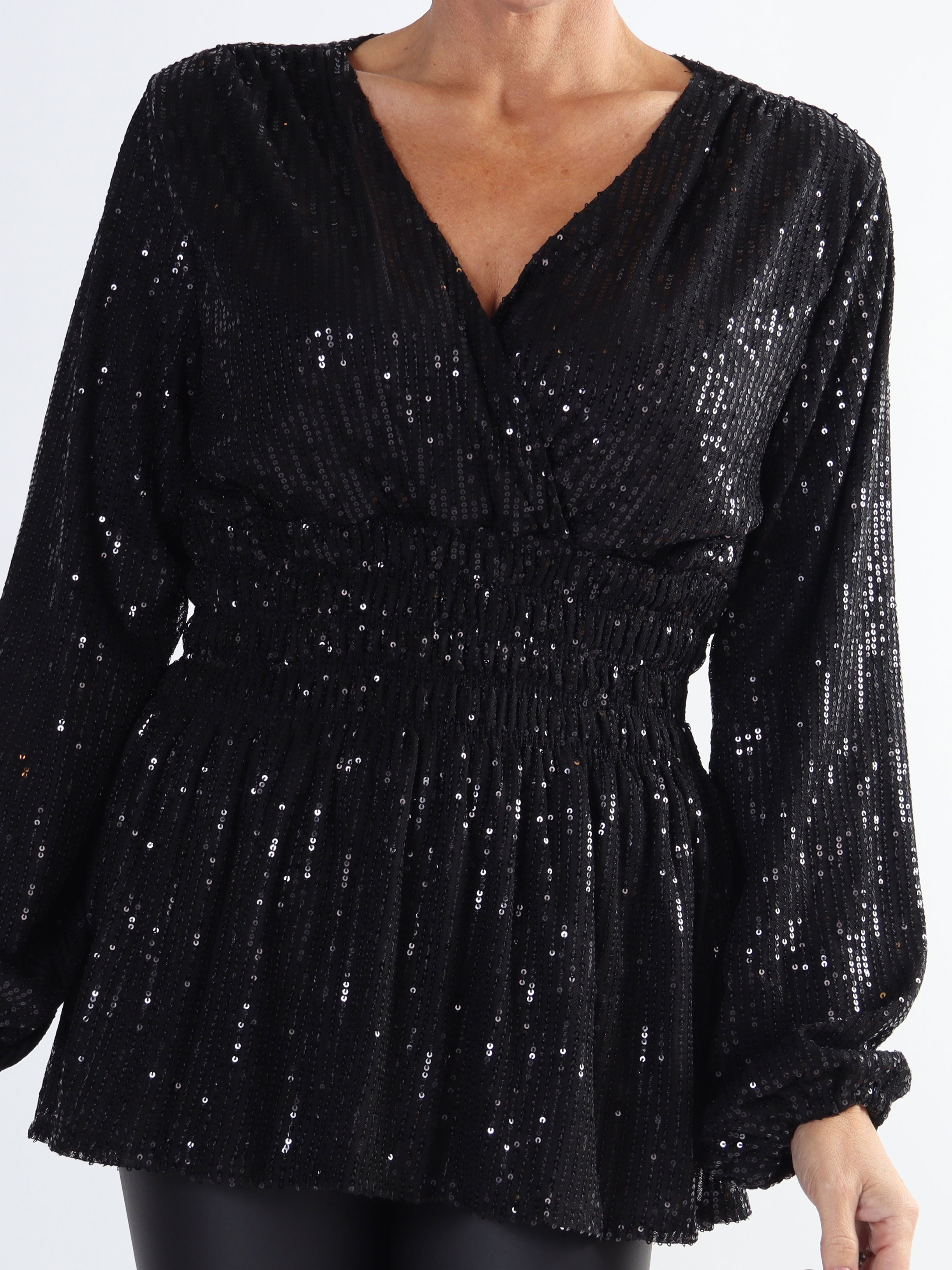 Pams Glitter Shirt L/S - Plus size bluse med pailletter og lange ærmer