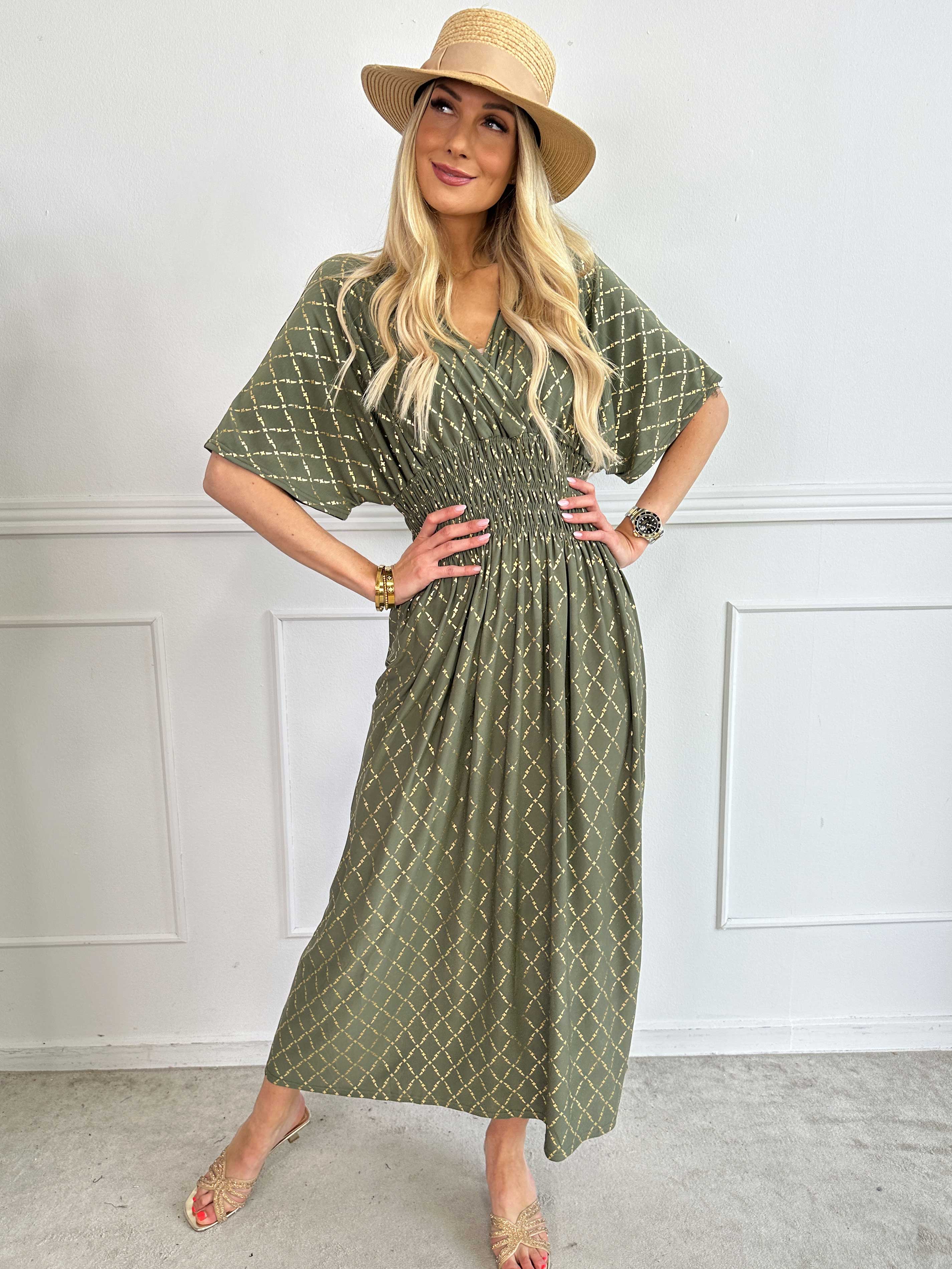 Pams Gold Check - Lang elastisk kjole med guld detaljer